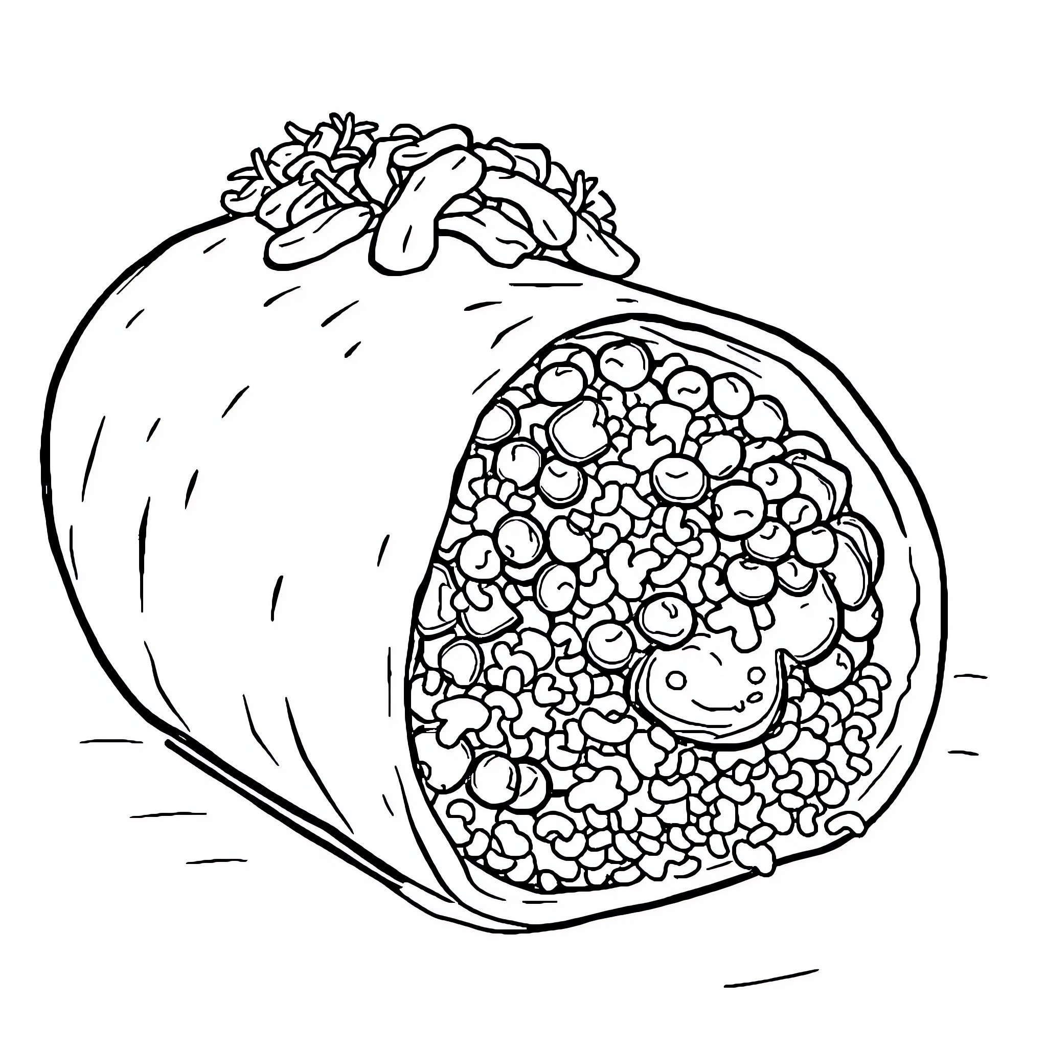 Burrito with curious creature inside Coloring Page (free black-and-white line drawing printable PDF for all, from beginners to advanced learners, including children, teens, adults, and seniors)