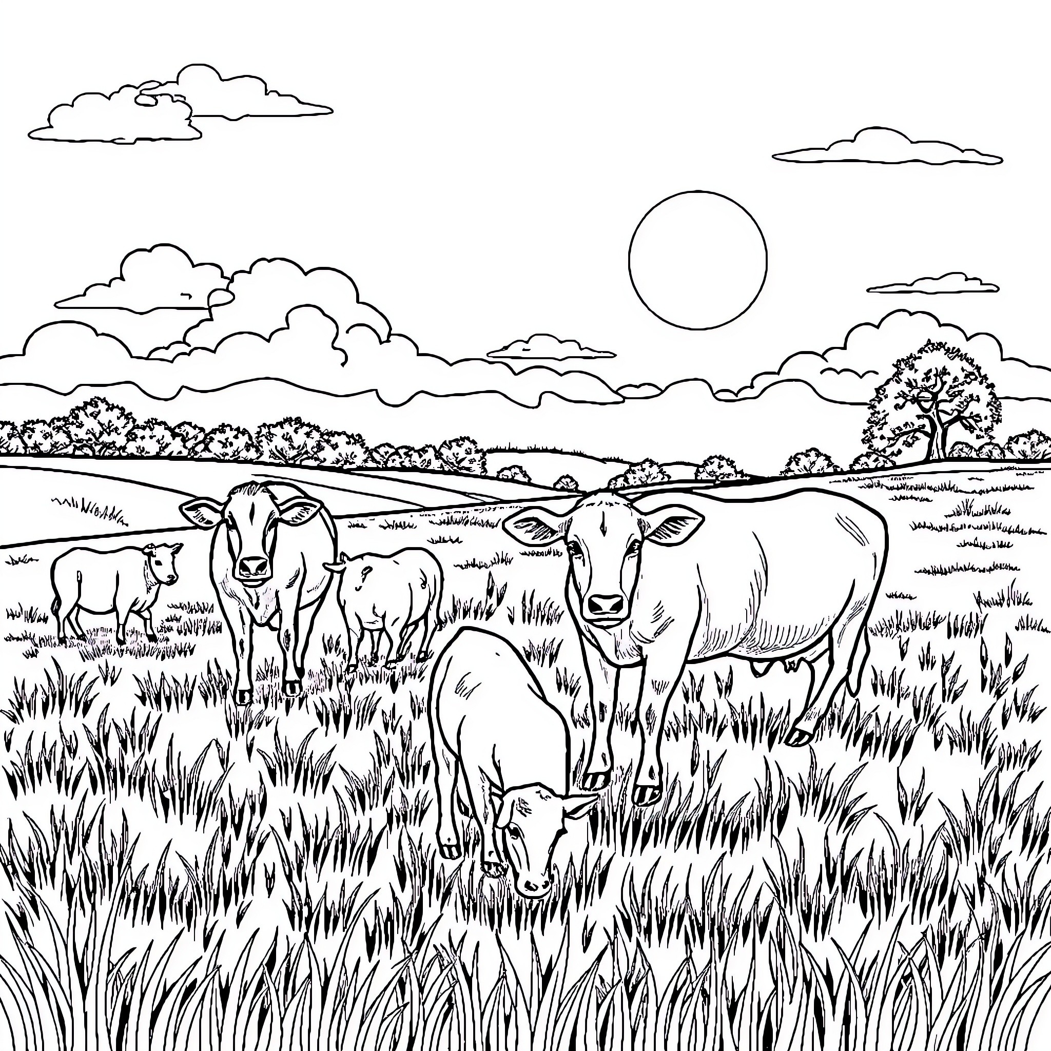 Farm Animals Grazing in Peaceful Countryside Landscape Coloring Page (free black-and-white line drawing printable PDF for all, from beginners to advanced learners, including children, teens, adults, and seniors)