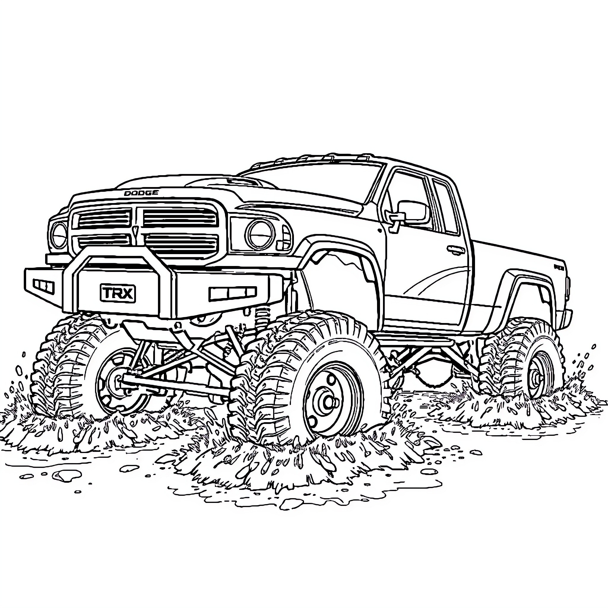 Truck off-roading through rugged terrain Coloring Page (free black-and-white line drawing printable PDF for all, from beginners to advanced learners, including children, teens, adults, and seniors)