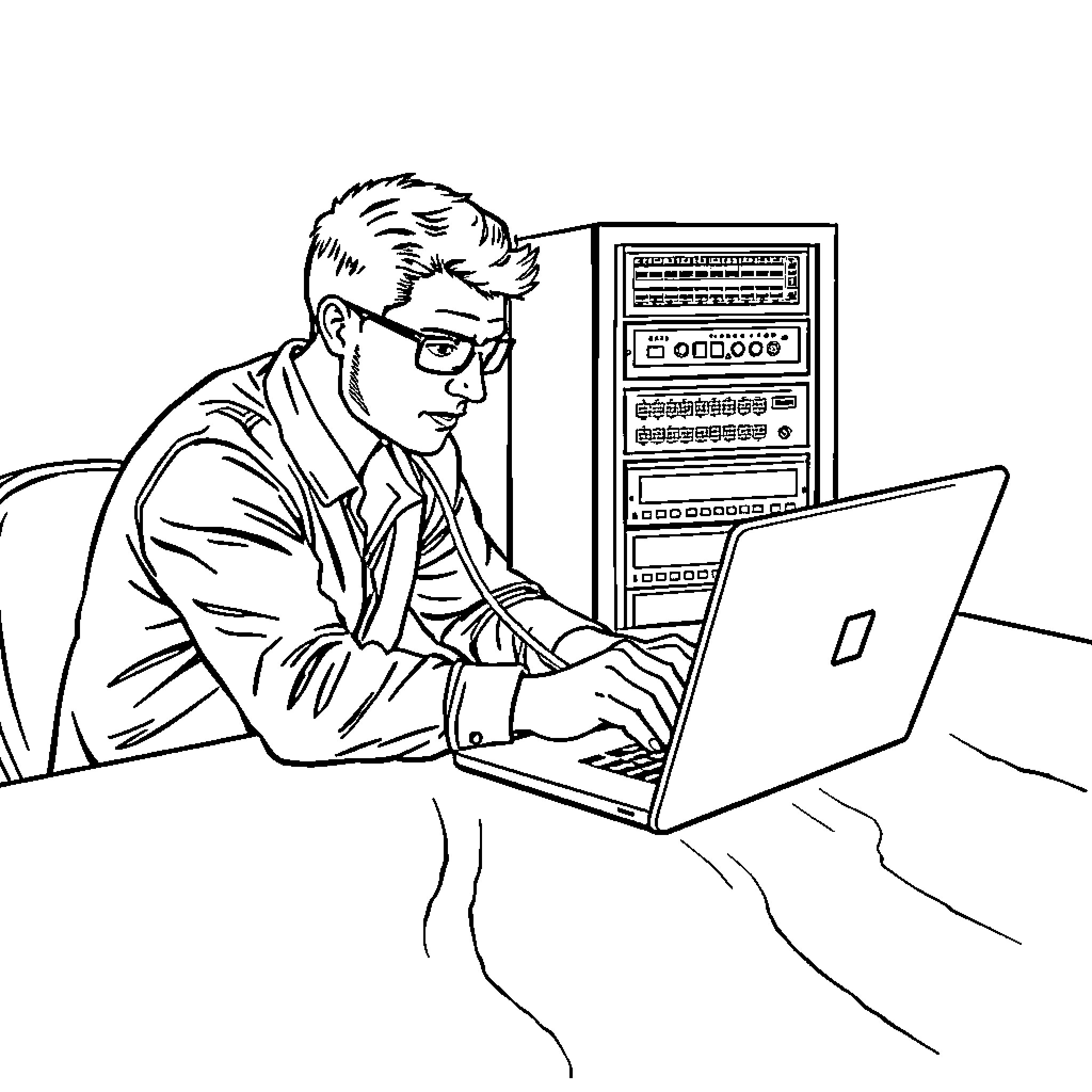 Guy working diligently at laptop in office Coloring Page (free black-and-white line drawing printable PDF for all, from beginners to advanced learners, including children, teens, adults, and seniors)