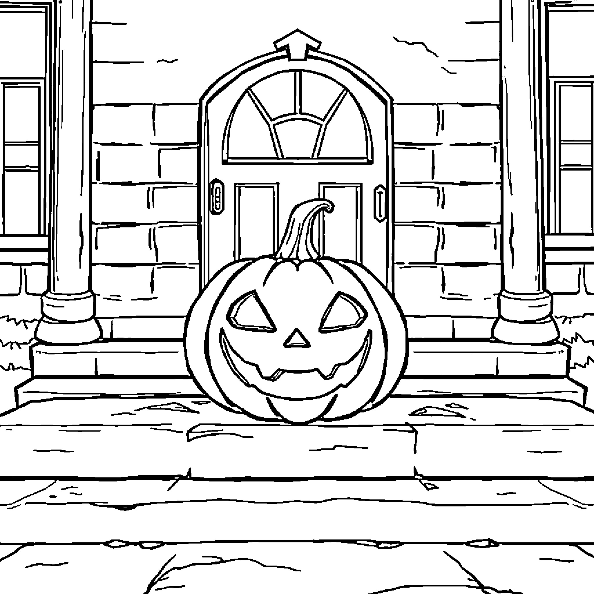 Jack-o'-lantern guarding the haunted doorway Coloring Page (free black-and-white line drawing printable PDF for all, from beginners to advanced learners, including children, teens, adults, and seniors)