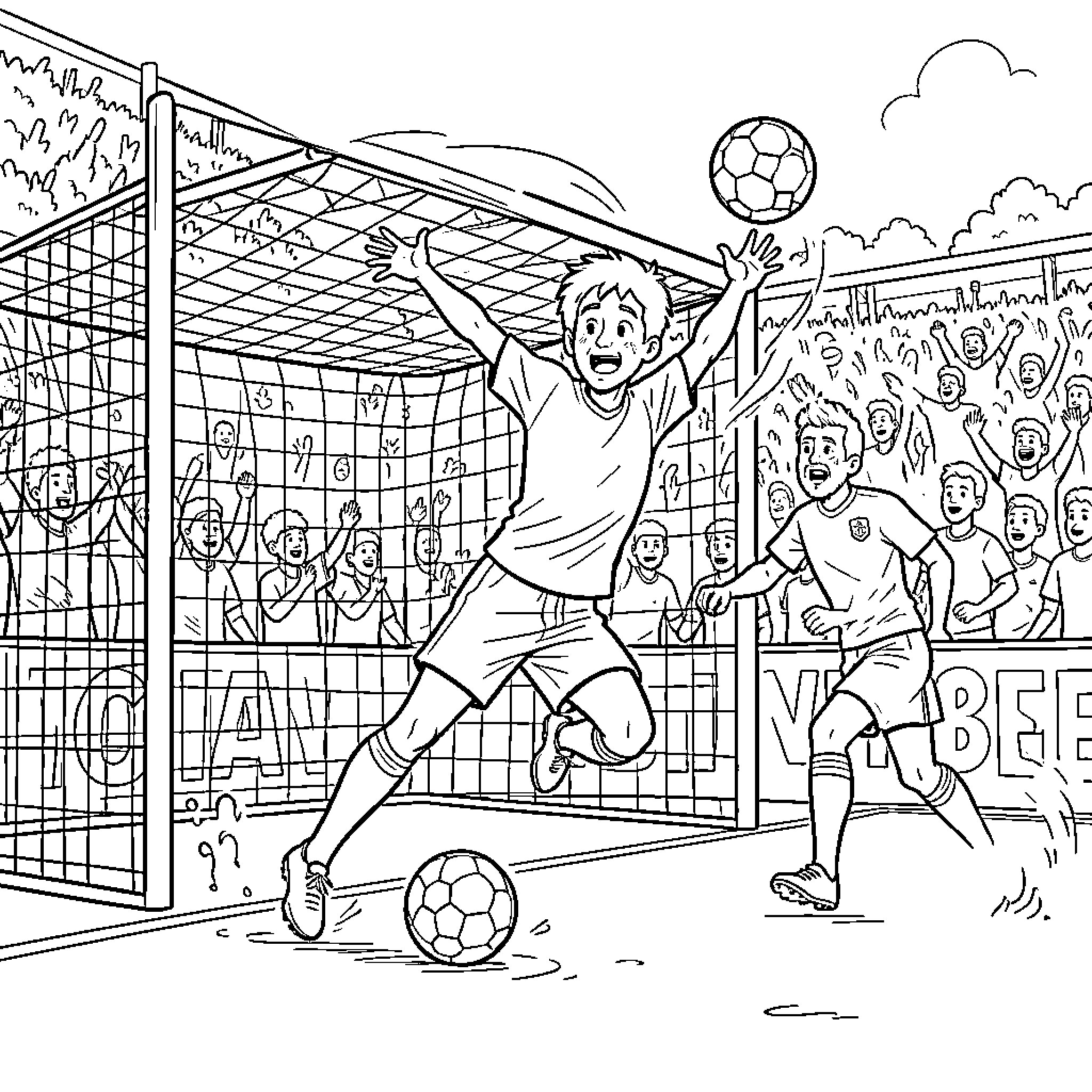 Soccer goalkeeper diving to catch the ball Coloring Page (free black-and-white line drawing printable PDF for all, from beginners to advanced learners, including children, teens, adults, and seniors)