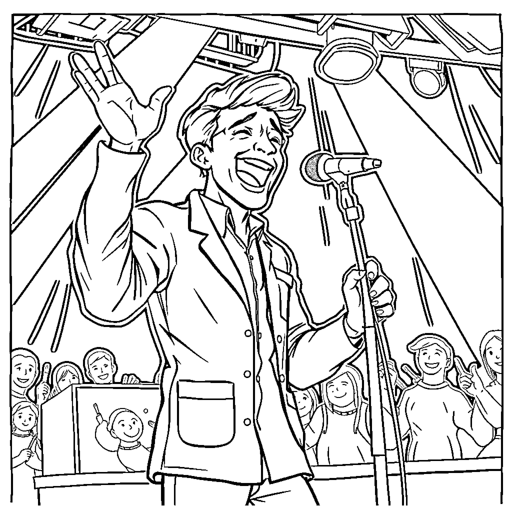 Pharmacist Entertaining Patients with Lively Performance Coloring Page (free black-and-white line drawing printable PDF for all, from beginners to advanced learners, including children, teens, adults, and seniors)