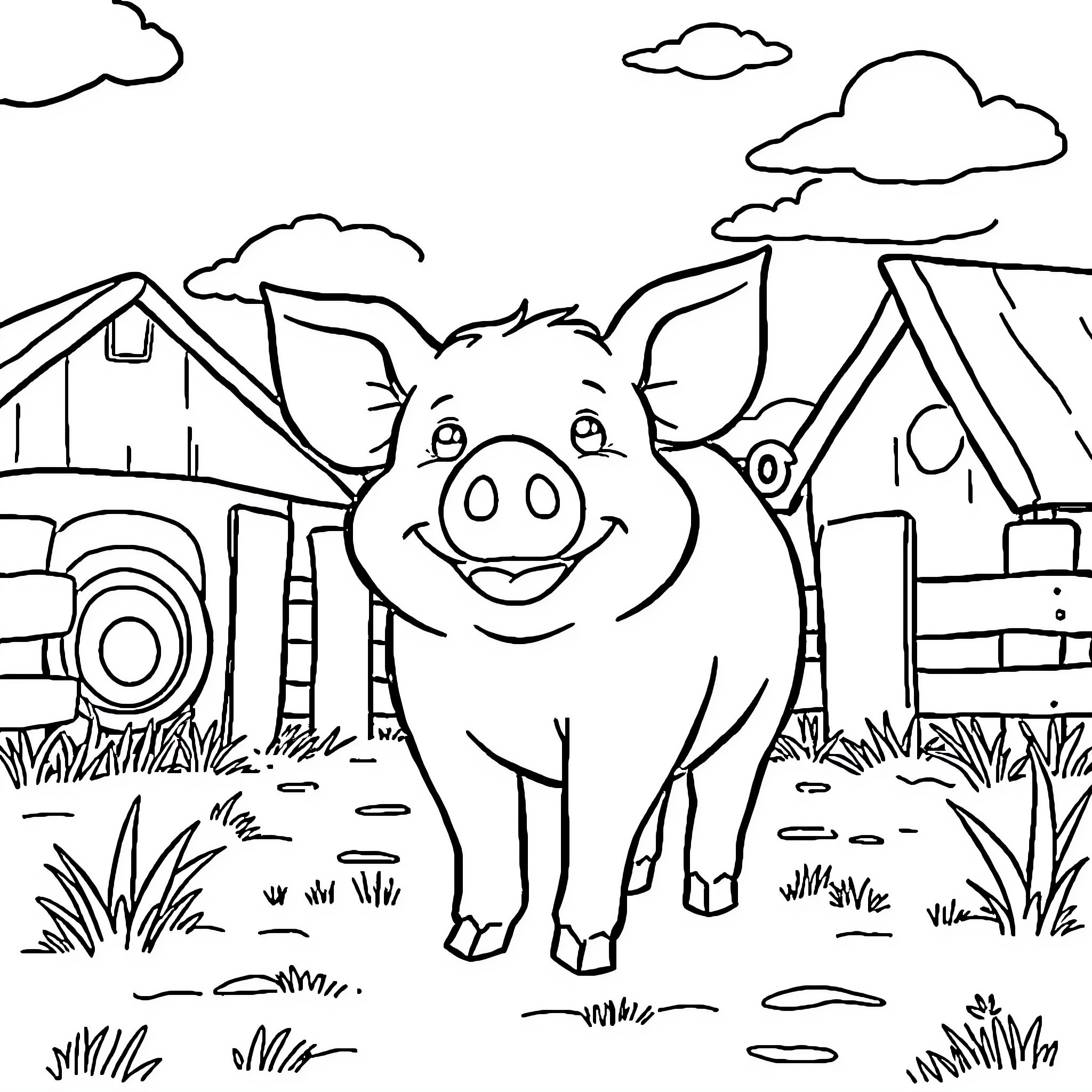 Pig posing happily on a farm Coloring Page (free black-and-white line drawing printable PDF for all, from beginners to advanced learners, including children, teens, adults, and seniors)
