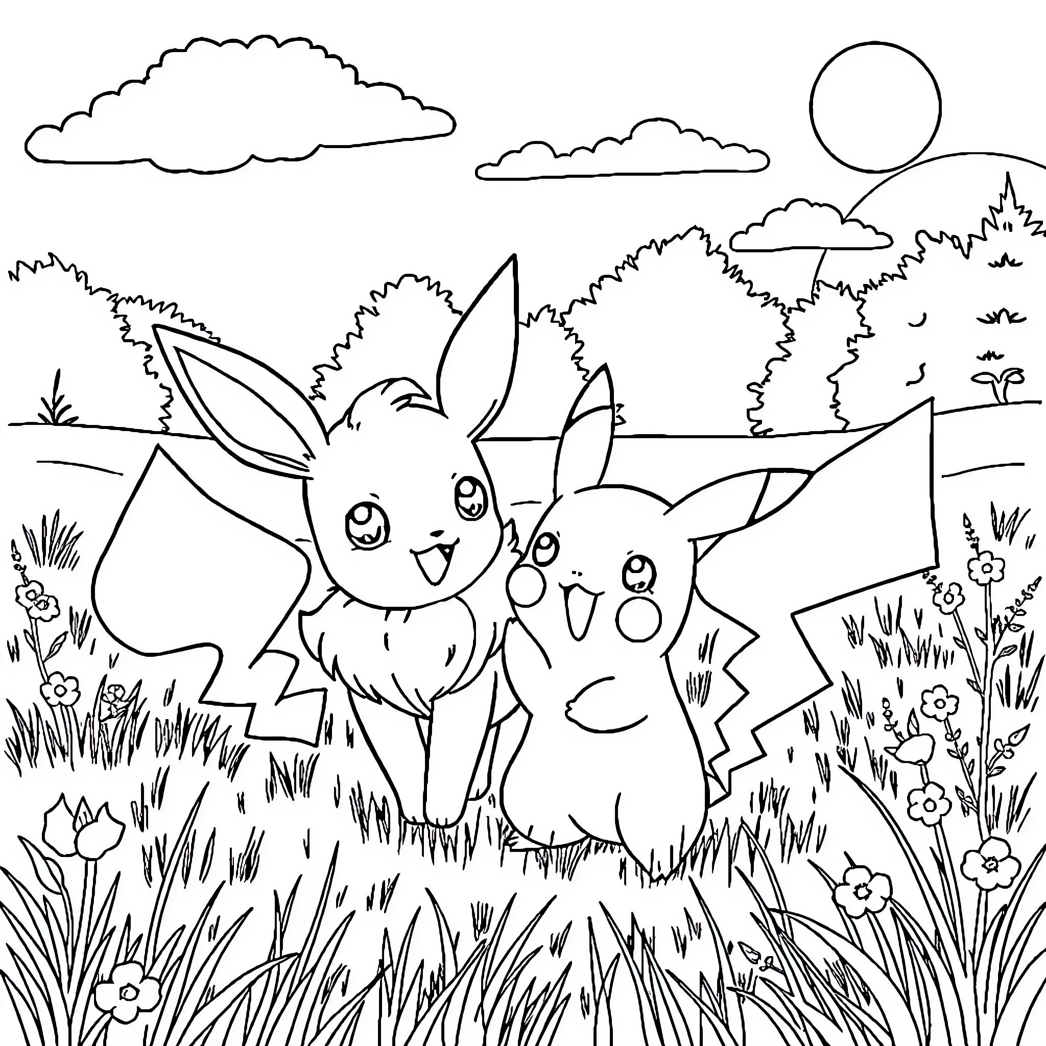 Eevee enjoying a peaceful day in nature Coloring Page (free black-and-white line drawing printable PDF for all, from beginners to advanced learners, including children, teens, adults, and seniors)