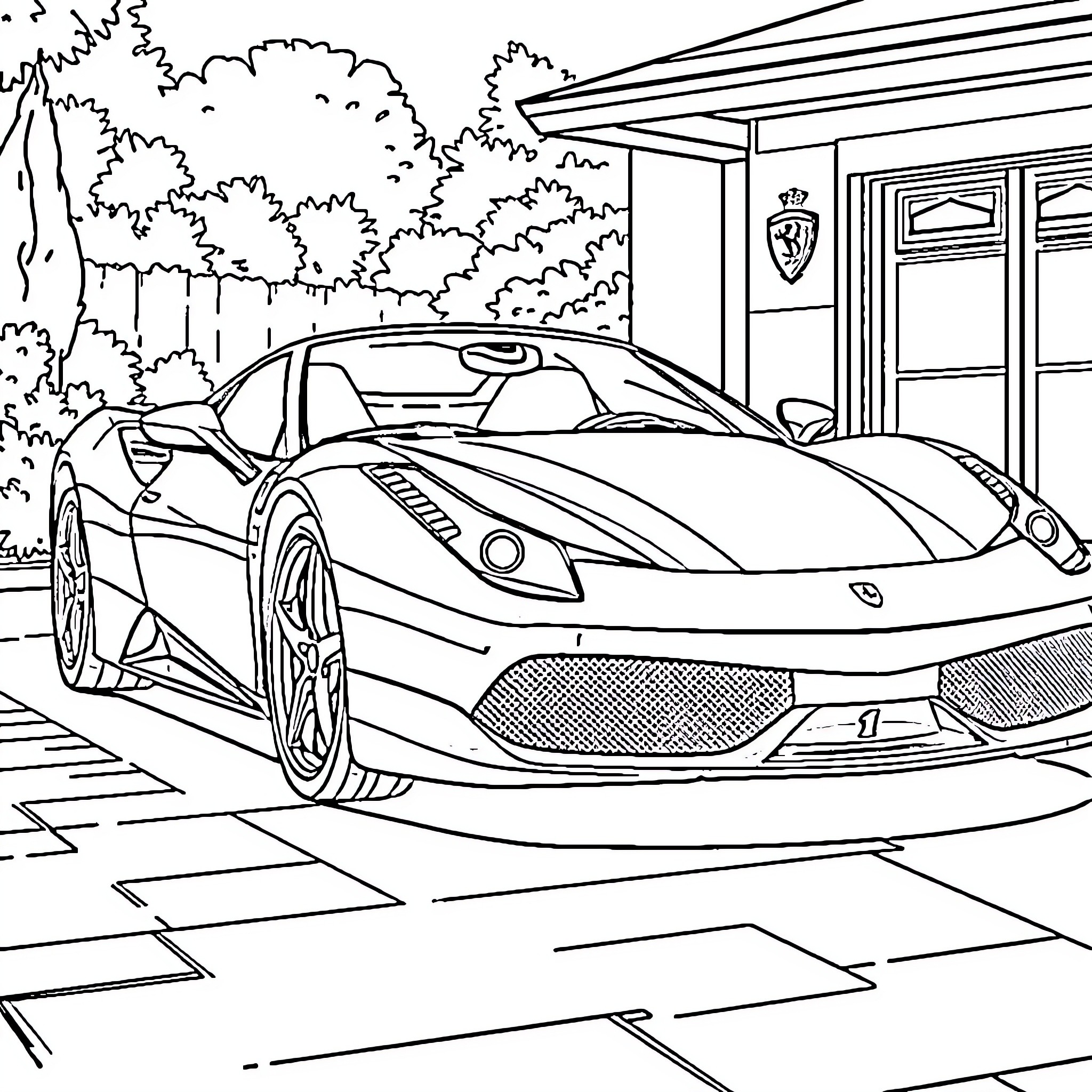 Ferrari Sports Car in Front of Garage Coloring Page (free black-and-white line drawing printable PDF for all, from beginners to advanced learners, including children, teens, adults, and seniors)