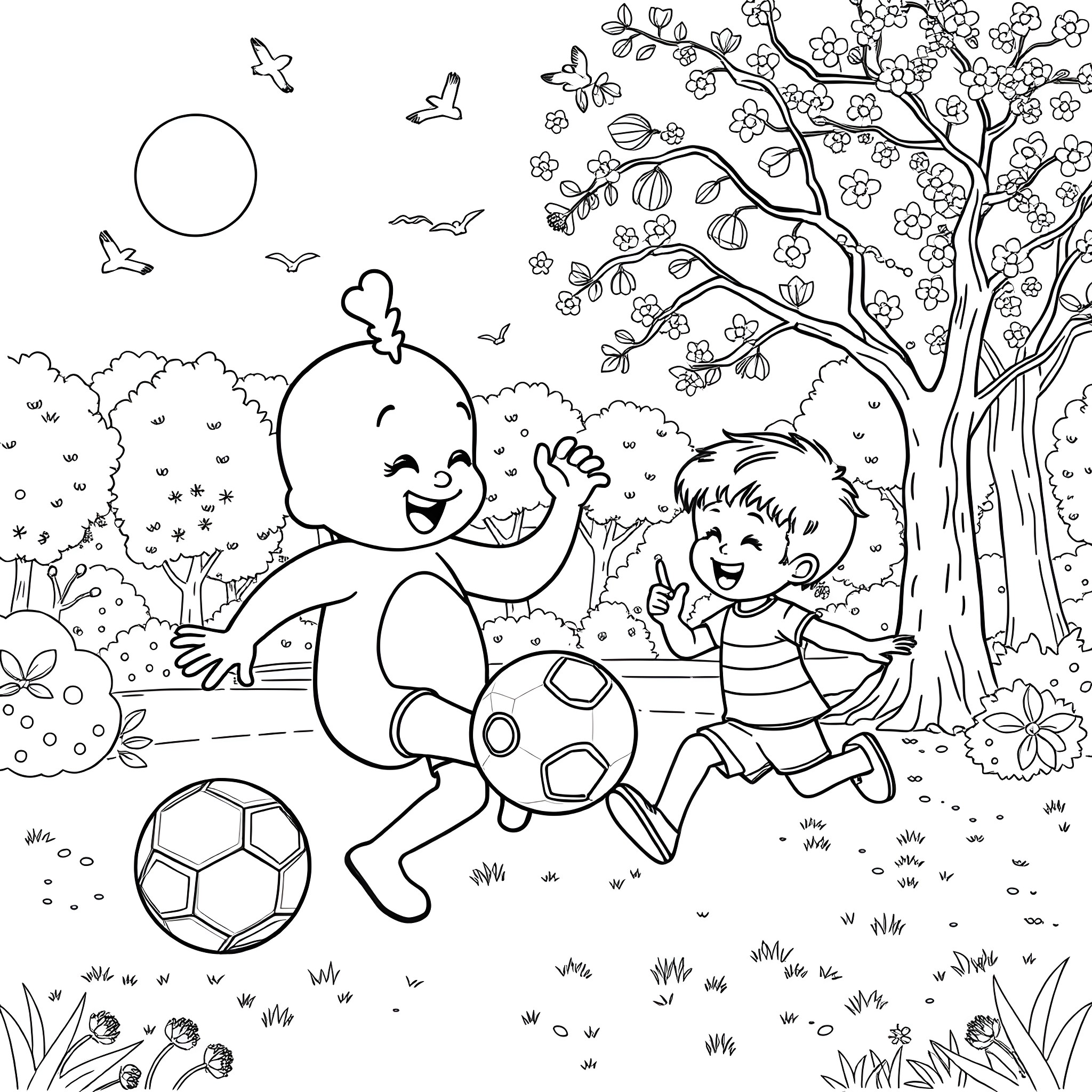 Bumba's Playful Adventure with a Friend in the Park Coloring Page (free black-and-white line drawing printable PDF for all, from beginners to advanced learners, including children, teens, adults, and seniors)