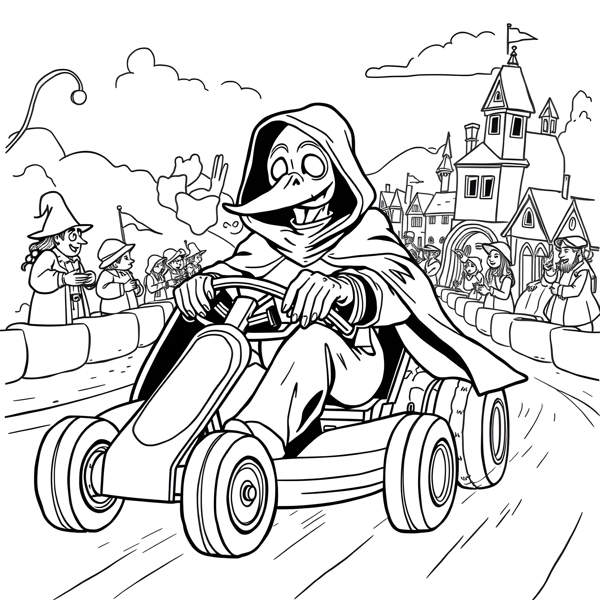 Plague Doctor Riding a Peculiar Vehicle in a Whimsical Town Coloring Page (free black-and-white line drawing printable PDF for all, from beginners to advanced learners, including children, teens, adults, and seniors)