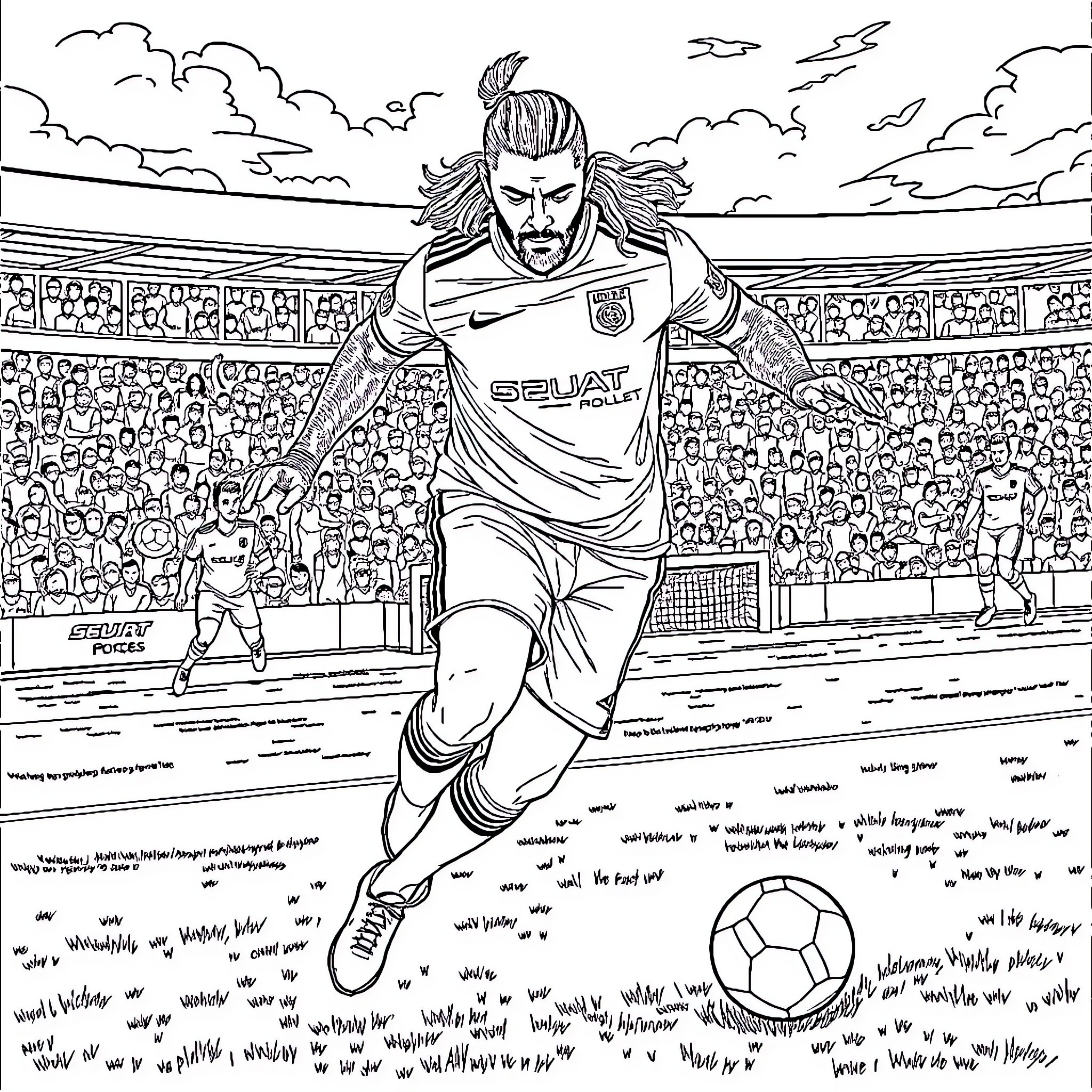 Roman Reigns' Dynamic Soccer Player Performance Coloring Page (free black-and-white line drawing printable PDF for all, from beginners to advanced learners, including children, teens, adults, and seniors)