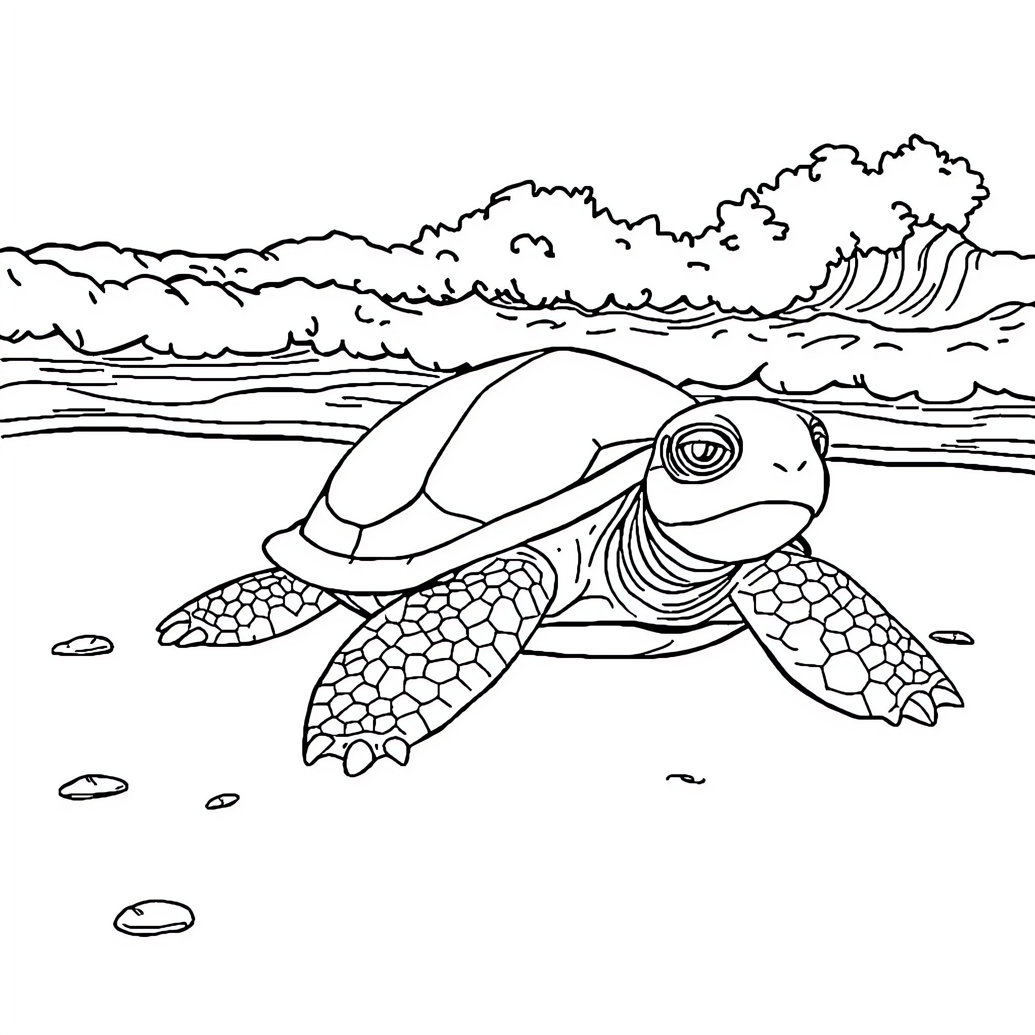 Ninja Turtle swimming in the ocean Coloring Page (free black-and-white line drawing printable PDF for all, from beginners to advanced learners, including children, teens, adults, and seniors)