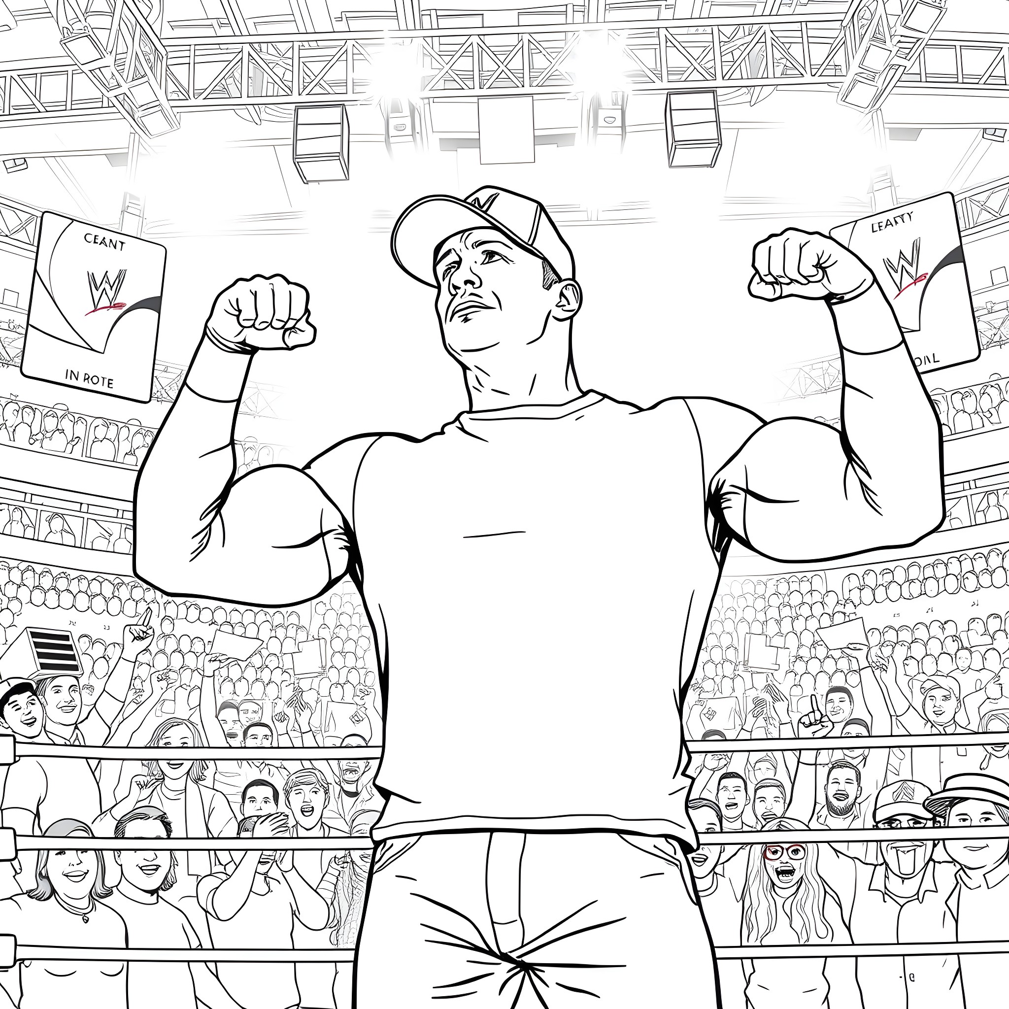 John Cena Celebrating Victory in a Wrestling Event Coloring Page (free black-and-white line drawing printable PDF for all, from beginners to advanced learners, including children, teens, adults, and seniors)
