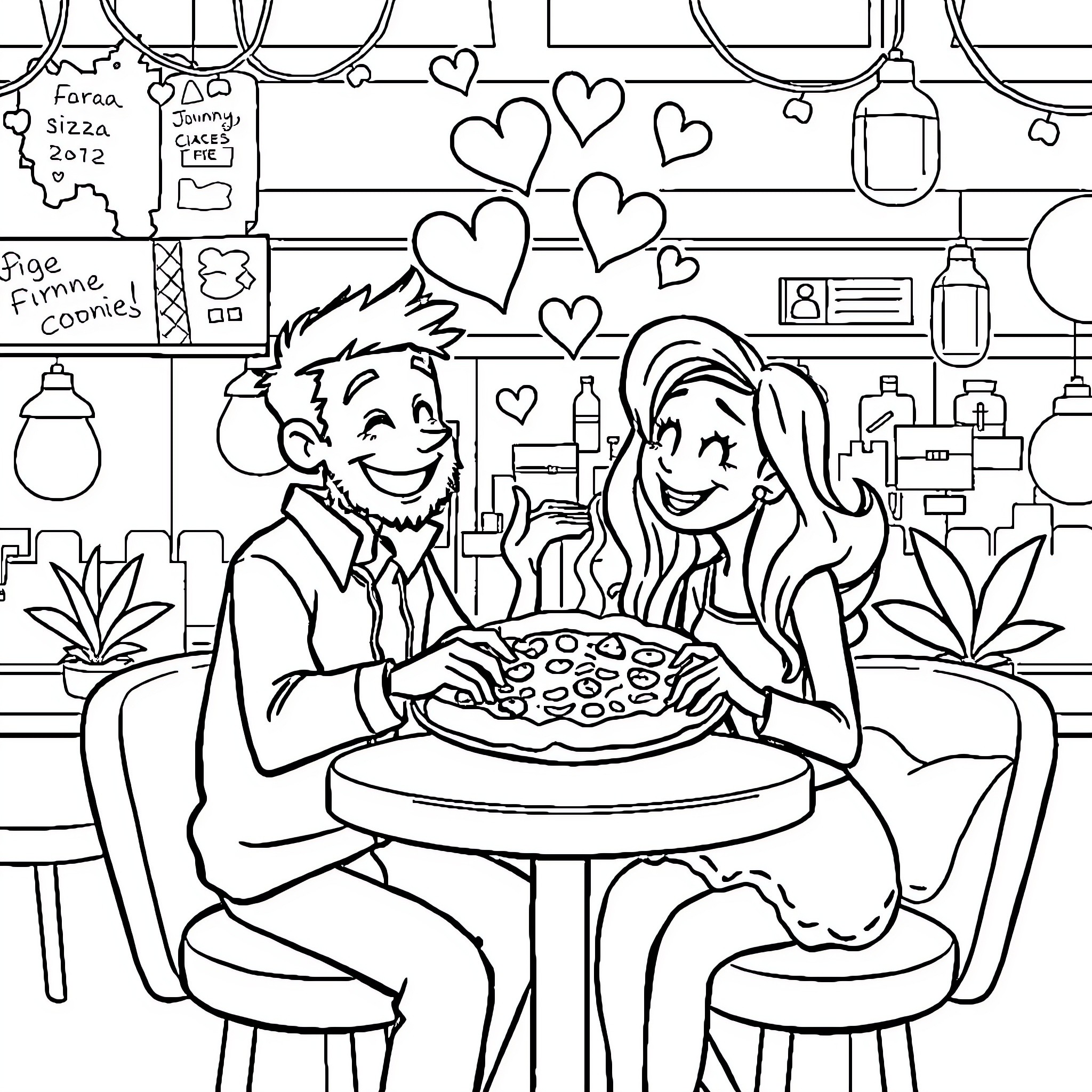Johnny and Jenna share a romantic pizza date Coloring Page (free black-and-white line drawing printable PDF for all, from beginners to advanced learners, including children, teens, adults, and seniors)