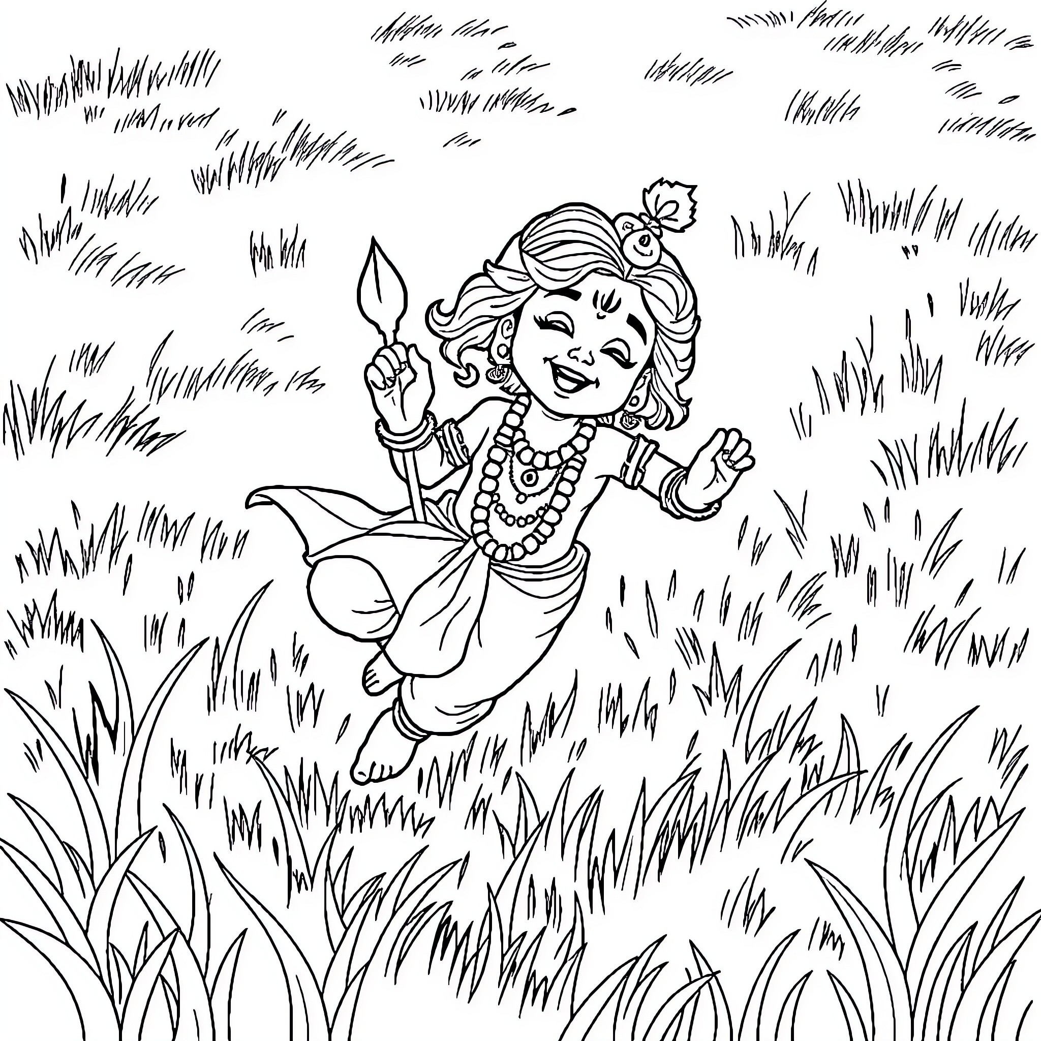 Krishna playing joyfully in the meadow Coloring Page (free black-and-white line drawing printable PDF for all, from beginners to advanced learners, including children, teens, adults, and seniors)