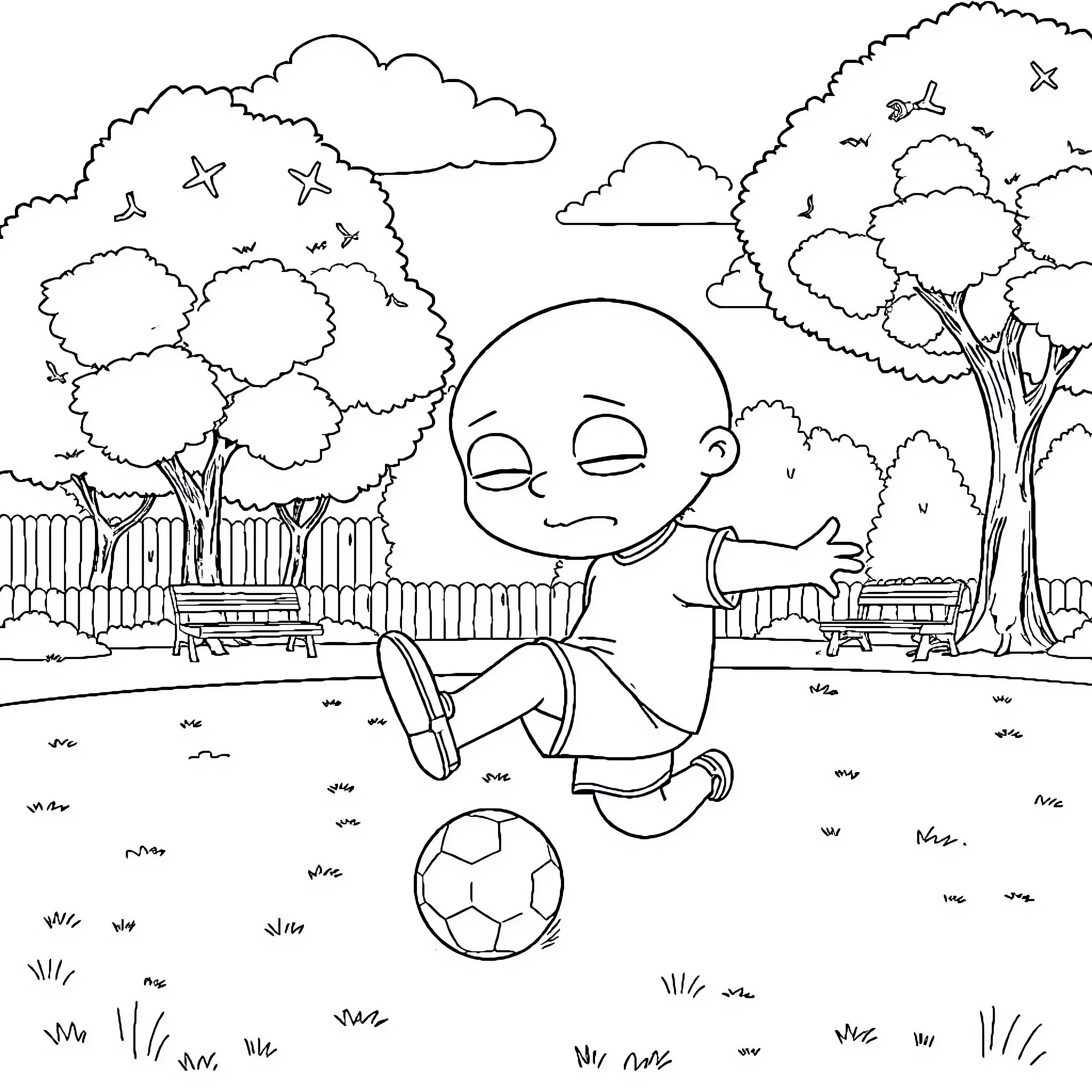 Stewie playing joyfully with a soccer ball in the park Coloring Page (free black-and-white line drawing printable PDF for all, from beginners to advanced learners, including children, teens, adults, and seniors)