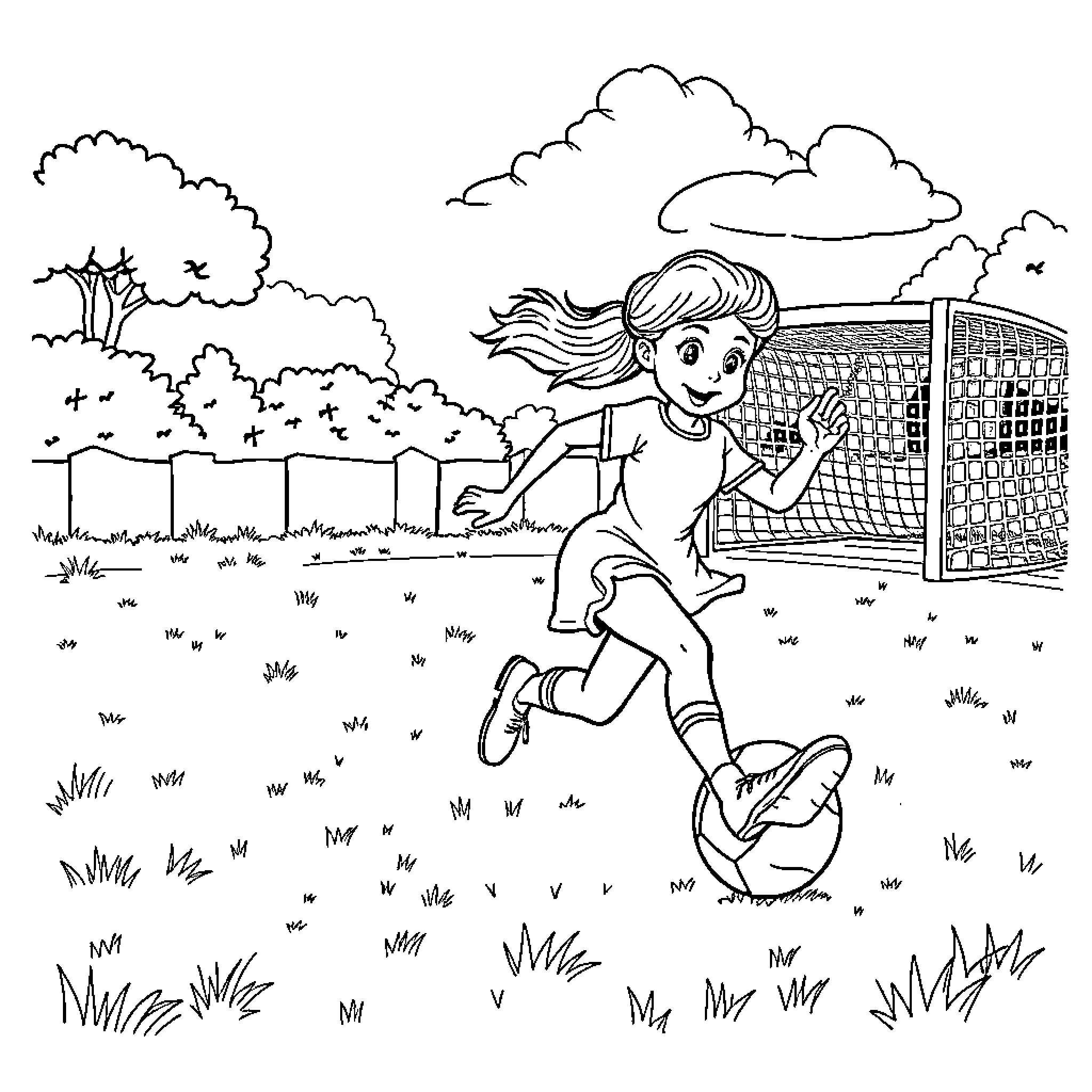 Sally playing soccer in the park Coloring Page (free black-and-white line drawing printable PDF for all, from beginners to advanced learners, including children, teens, adults, and seniors)
