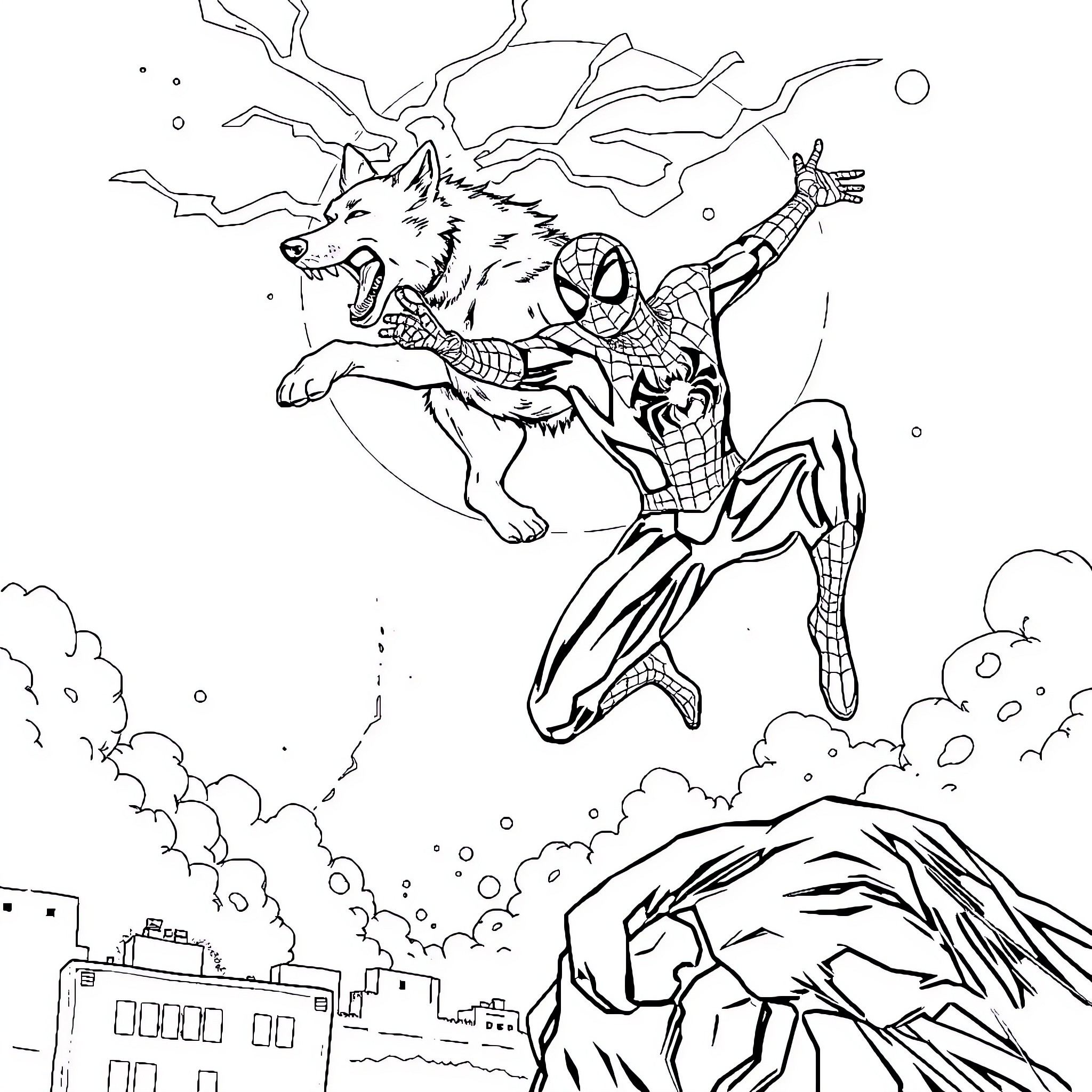 Spiderman swinging into action with a wolf companion Coloring Page (free black-and-white line drawing printable PDF for all, from beginners to advanced learners, including children, teens, adults, and seniors)
