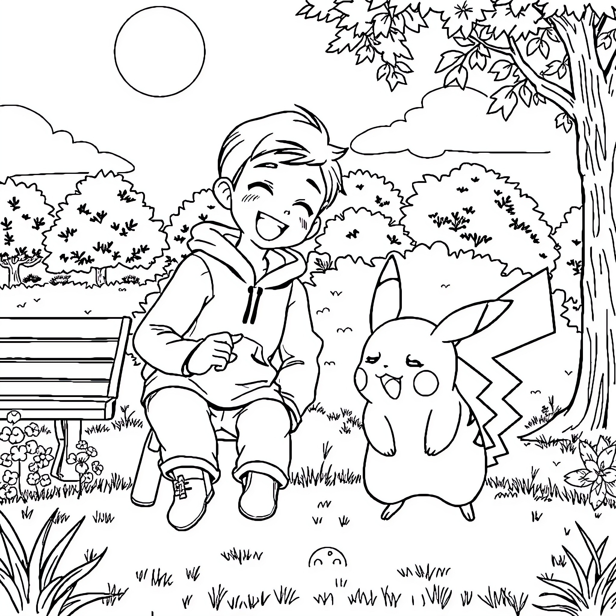 Sacha plays happily with his Pokémon friend in the park Coloring Page (free black-and-white line drawing printable PDF for all, from beginners to advanced learners, including children, teens, adults, and seniors)