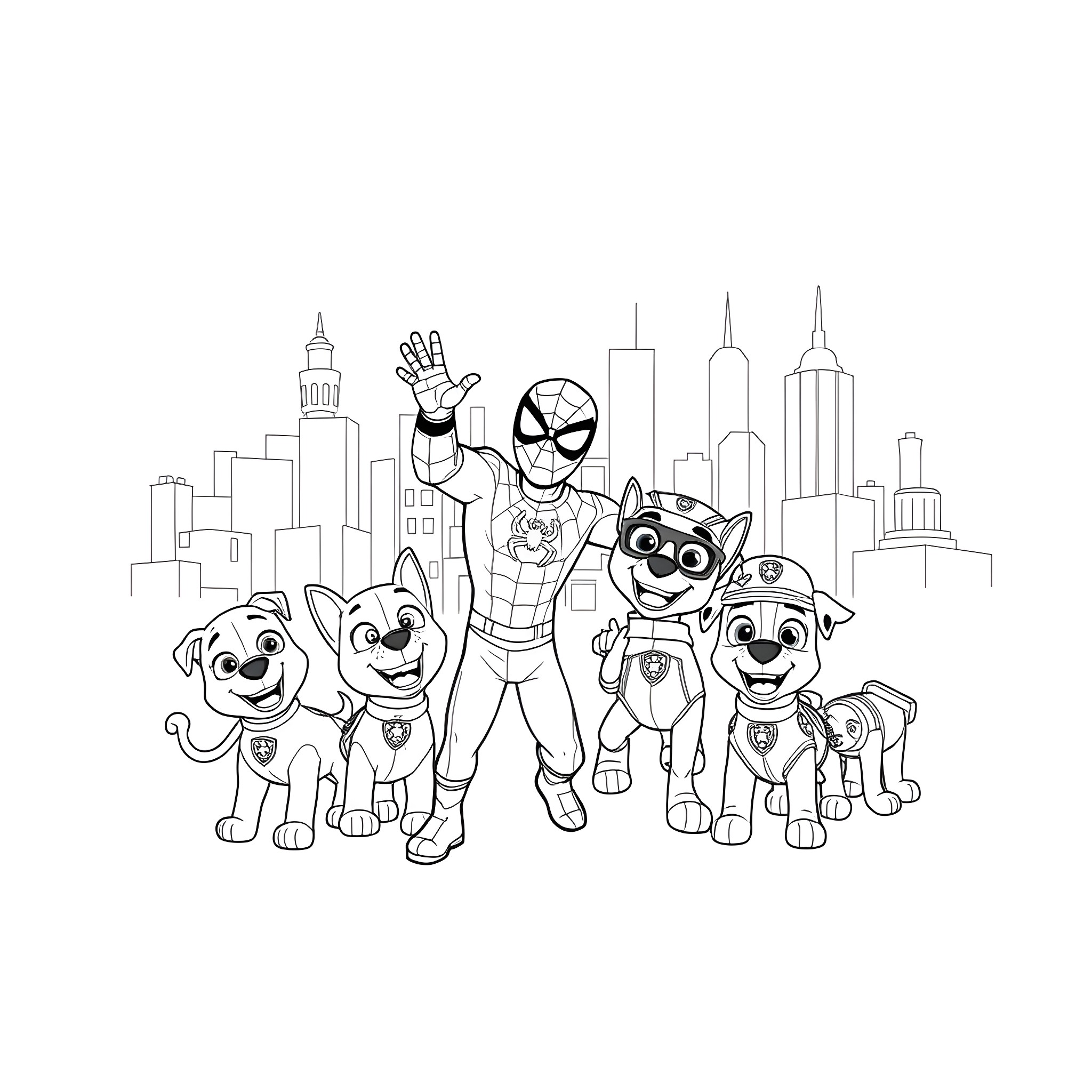 Spider-Man and the Paw Patrol team up for city adventure Coloring Page (free black-and-white line drawing printable PDF for all, from beginners to advanced learners, including children, teens, adults, and seniors)