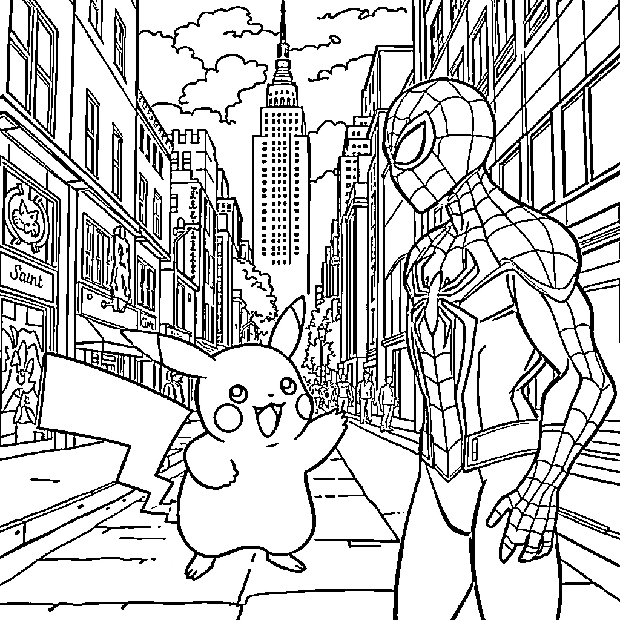 Pikachu explores the bustling city with Spider-Man Coloring Page (free black-and-white line drawing printable PDF for all, from beginners to advanced learners, including children, teens, adults, and seniors)