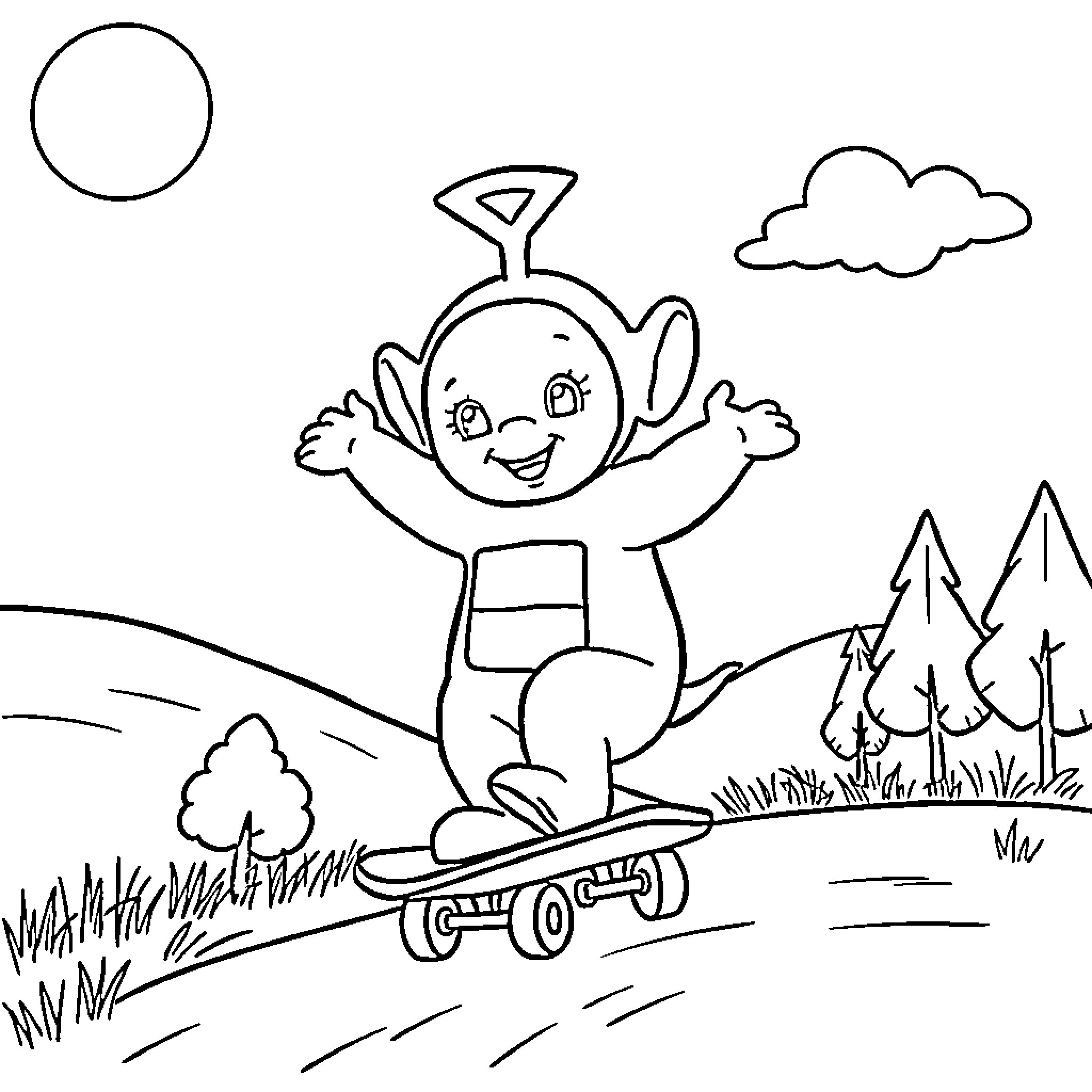 Teletubby riding happily on skateboard in nature Coloring Page (free black-and-white line drawing printable PDF for all, from beginners to advanced learners, including children, teens, adults, and seniors)