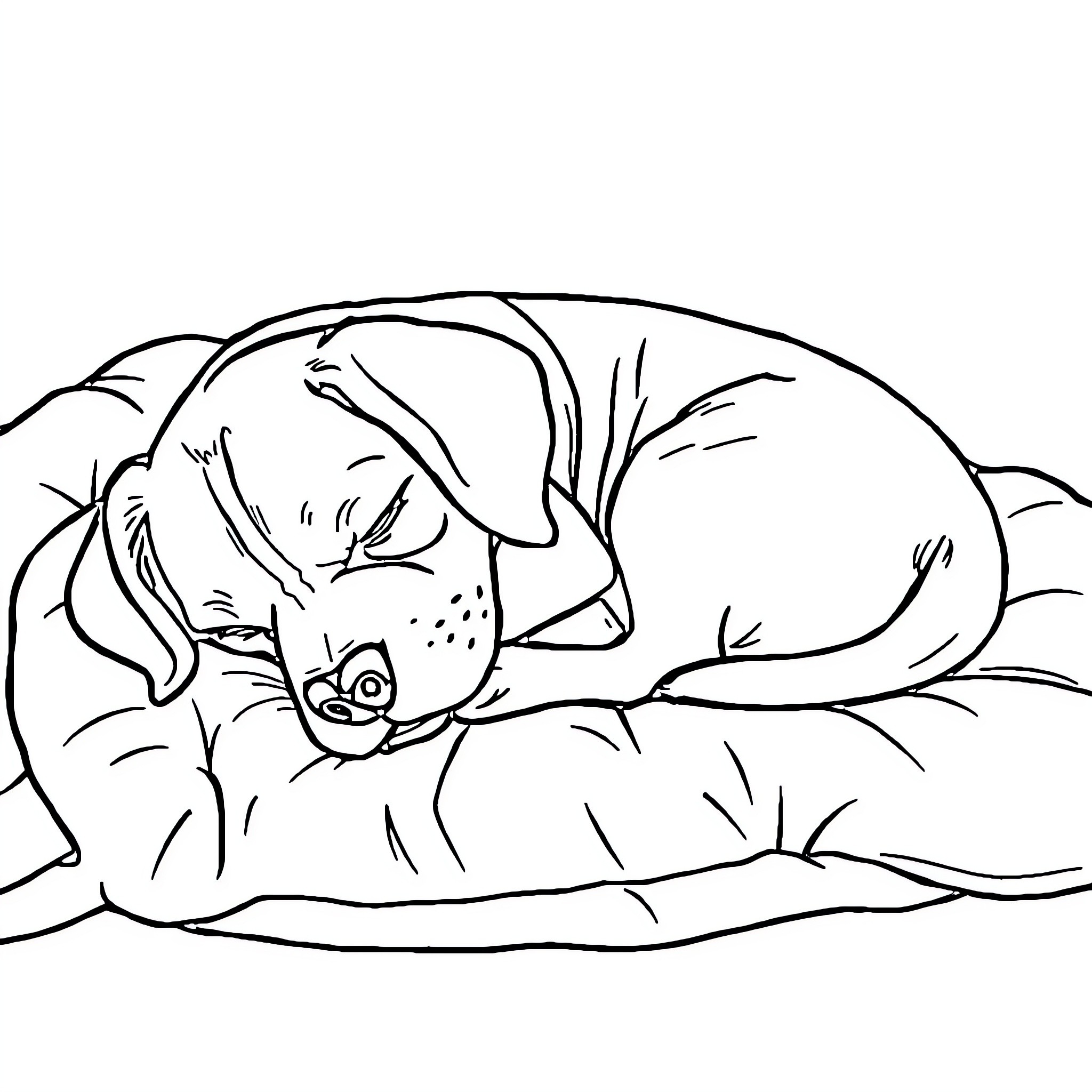 Beagle sleeping peacefully on a cozy bed Coloring Page (free black-and-white line drawing printable PDF for all, from beginners to advanced learners, including children, teens, adults, and seniors)