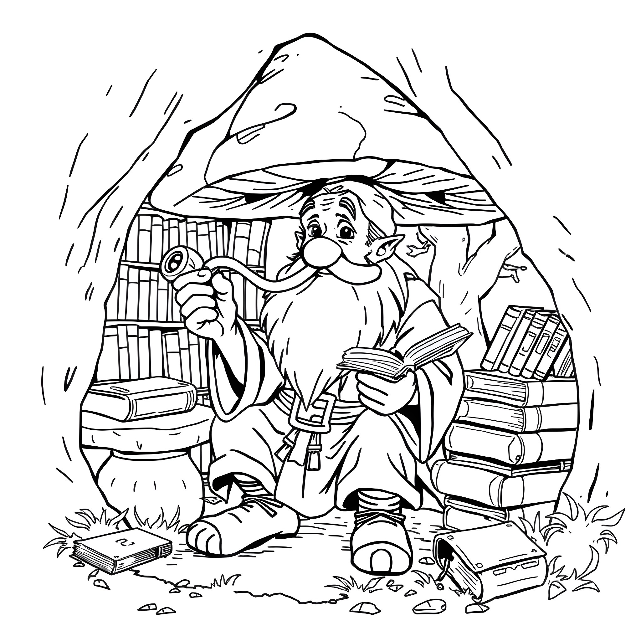Dwarf scholar reading books in his cozy hideaway Coloring Page (free black-and-white line drawing printable PDF for all, from beginners to advanced learners, including children, teens, adults, and seniors)