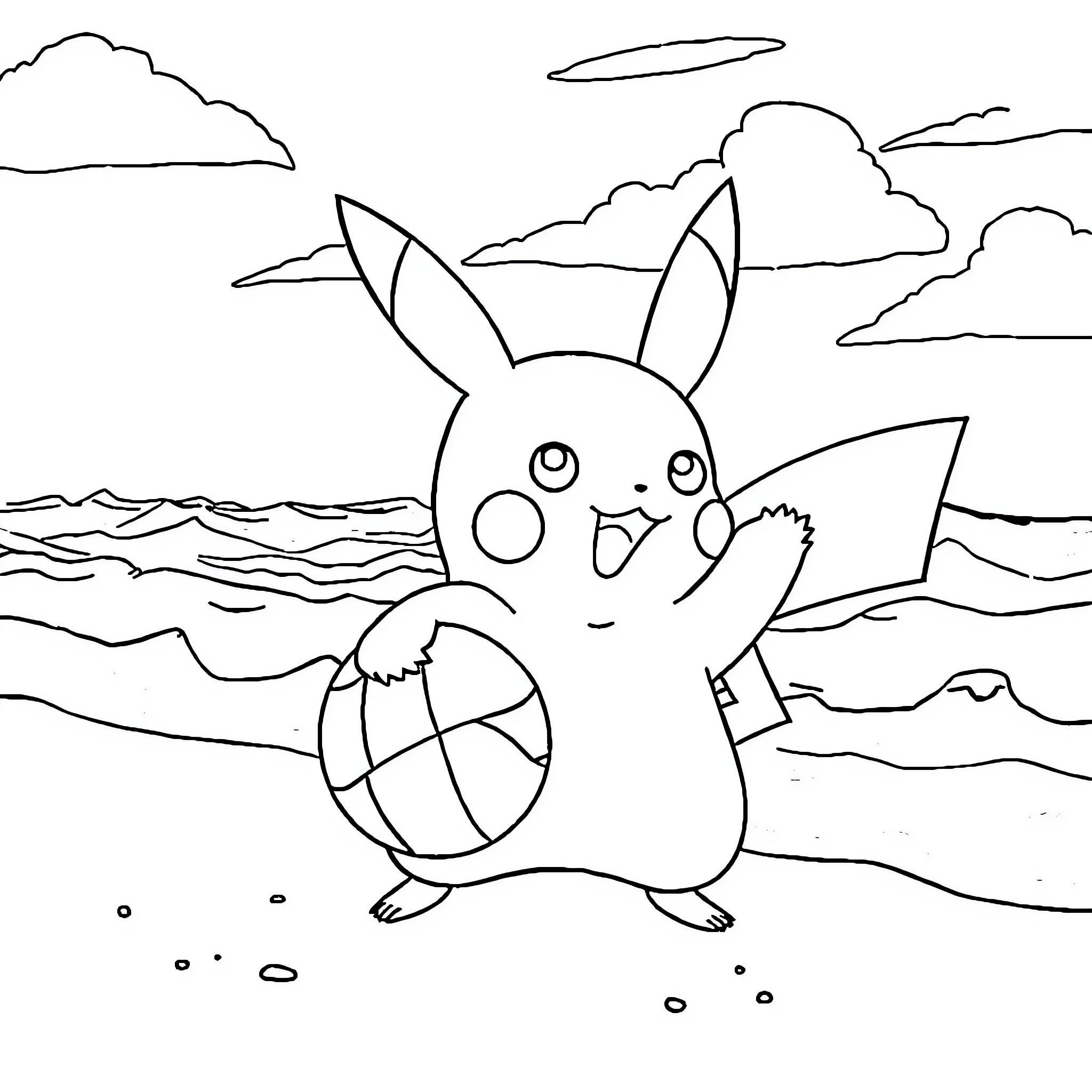 Pikachu playing happily with a beach ball near the ocean Coloring Page (free black-and-white line drawing printable PDF for all, from beginners to advanced learners, including children, teens, adults, and seniors)