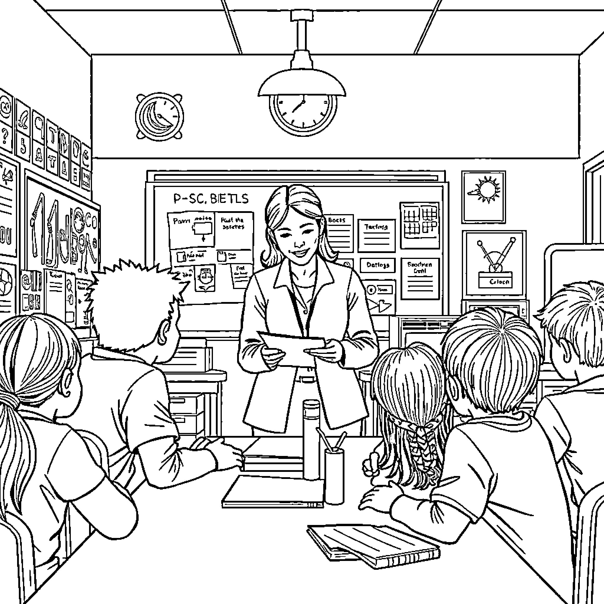 Teacher instructing students in classroom Coloring Page (free black-and-white line drawing printable PDF for all, from beginners to advanced learners, including children, teens, adults, and seniors)