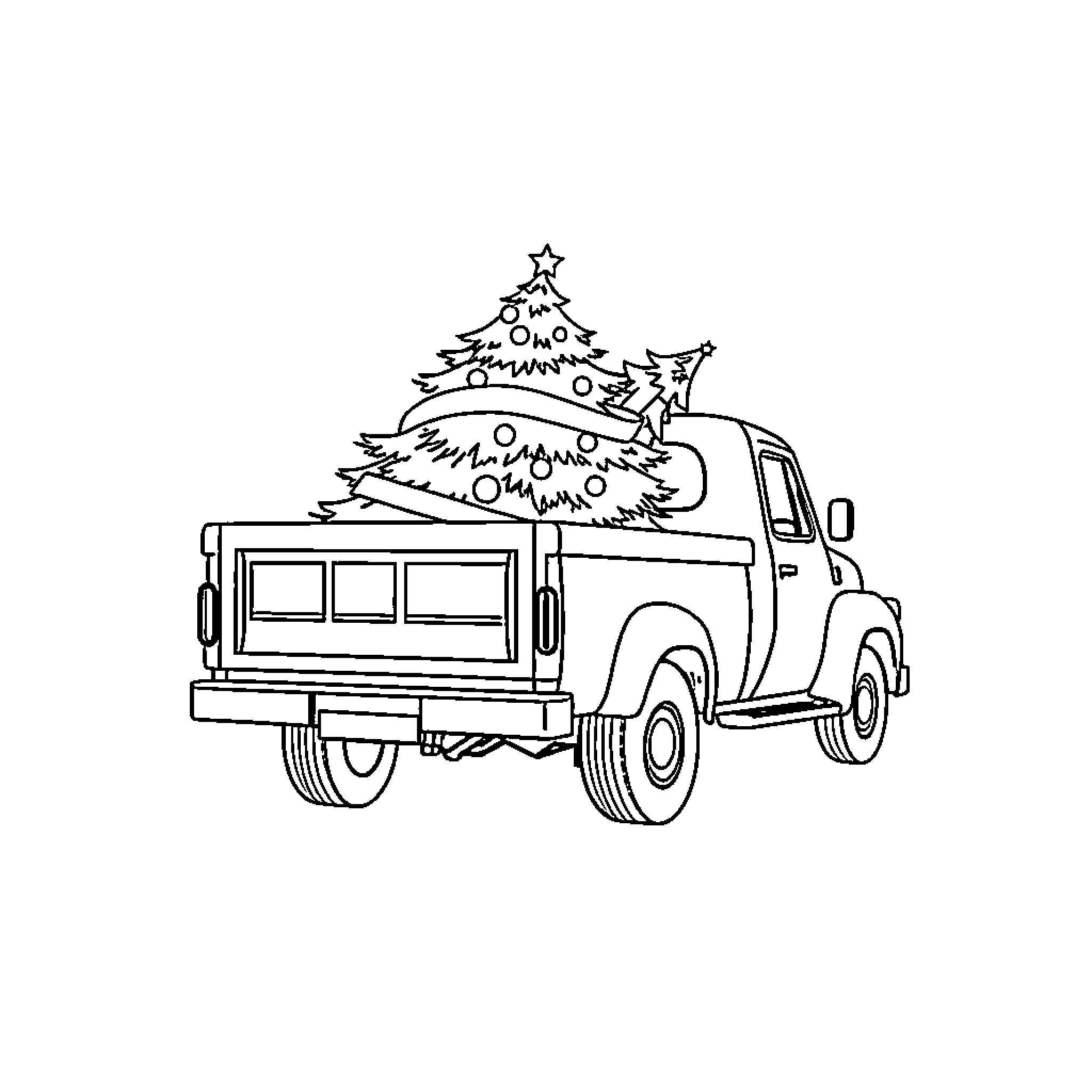 Truck carrying Christmas tree and decorations Coloring Page (free black-and-white line drawing printable PDF for all, from beginners to advanced learners, including children, teens, adults, and seniors)