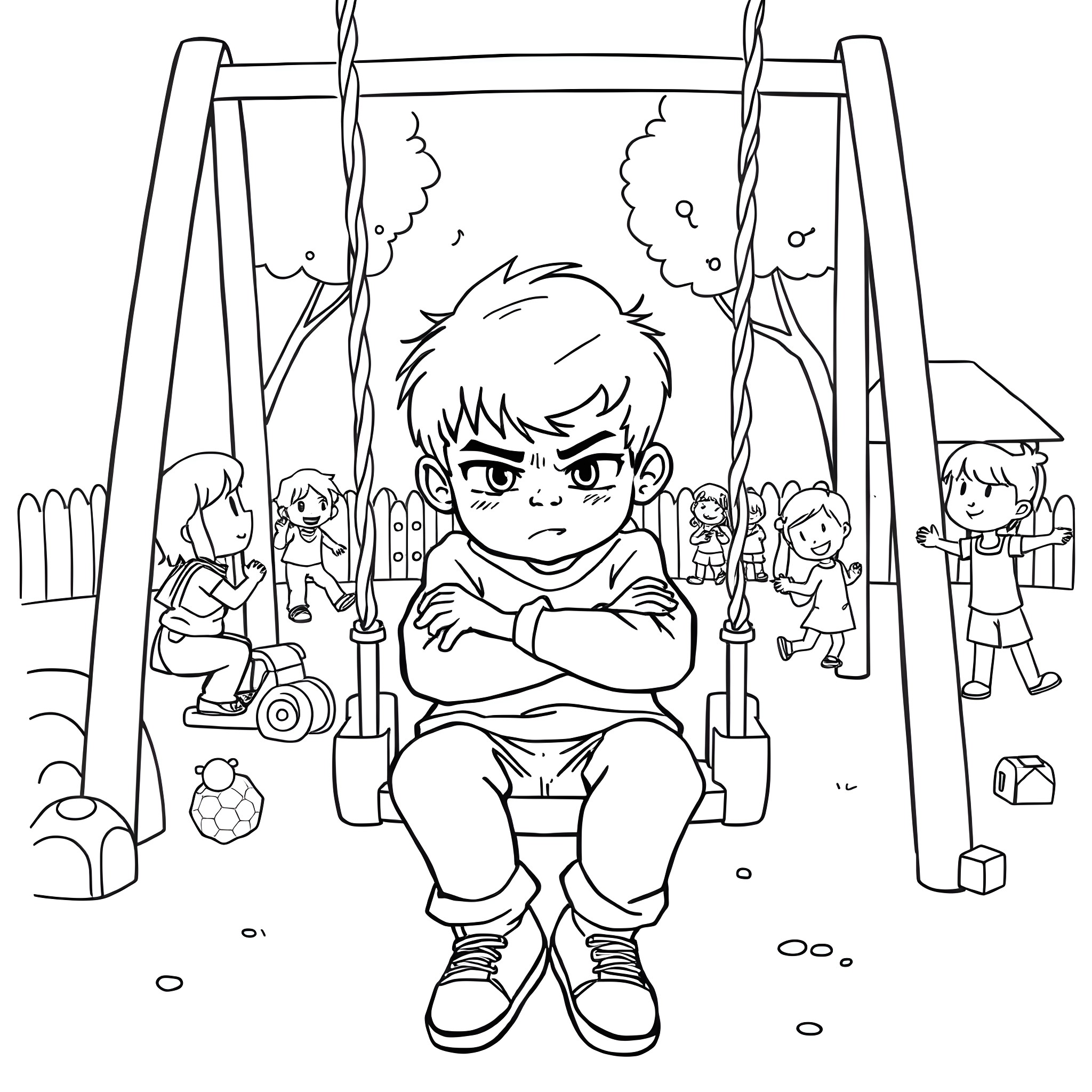 Child sitting alone on the swing Coloring Page (free black-and-white line drawing printable PDF for all, from beginners to advanced learners, including children, teens, adults, and seniors)