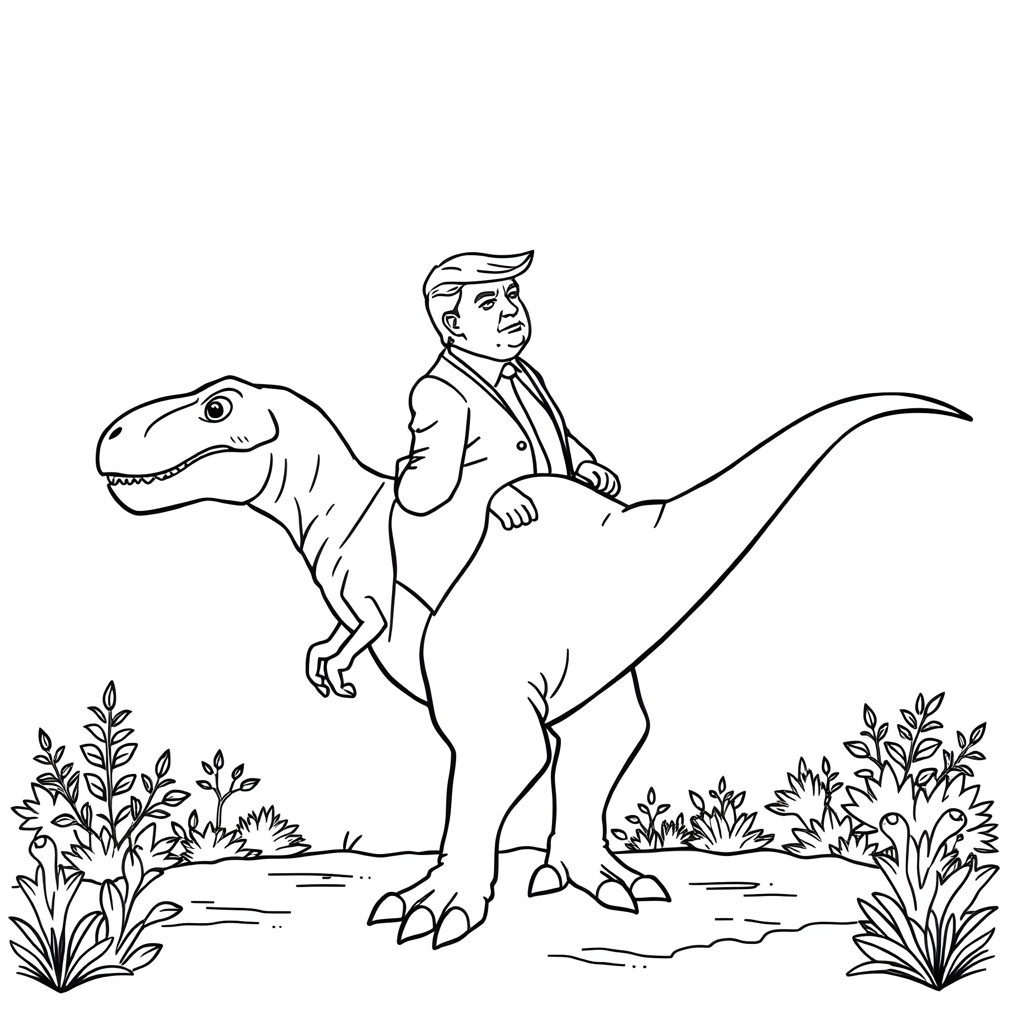 Trump riding a dinosaur in a natural setting Coloring Page (free black-and-white line drawing printable PDF for all, from beginners to advanced learners, including children, teens, adults, and seniors)