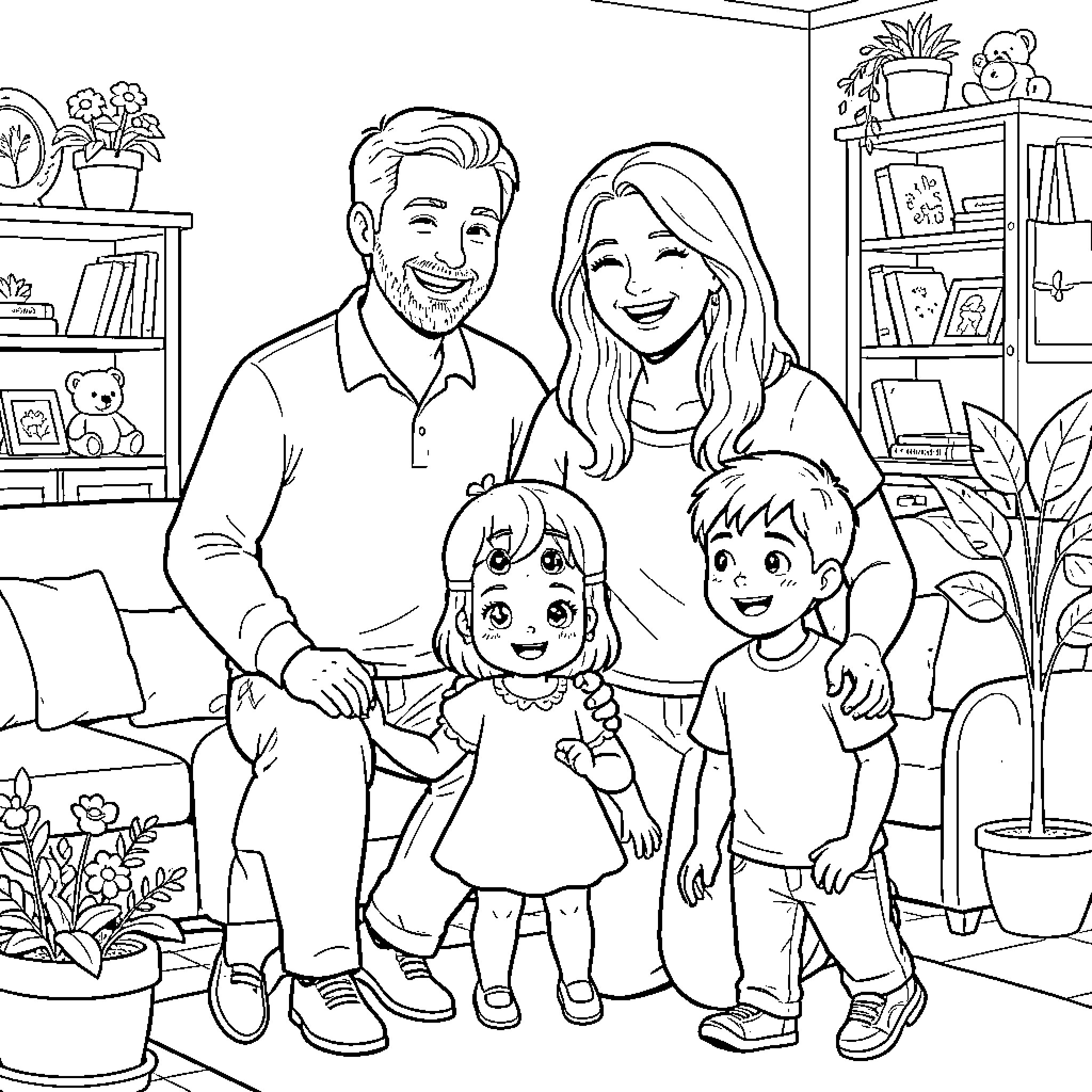 Family smiling together while posing for a portrait Coloring Page (free black-and-white line drawing printable PDF for all, from beginners to advanced learners, including children, teens, adults, and seniors)