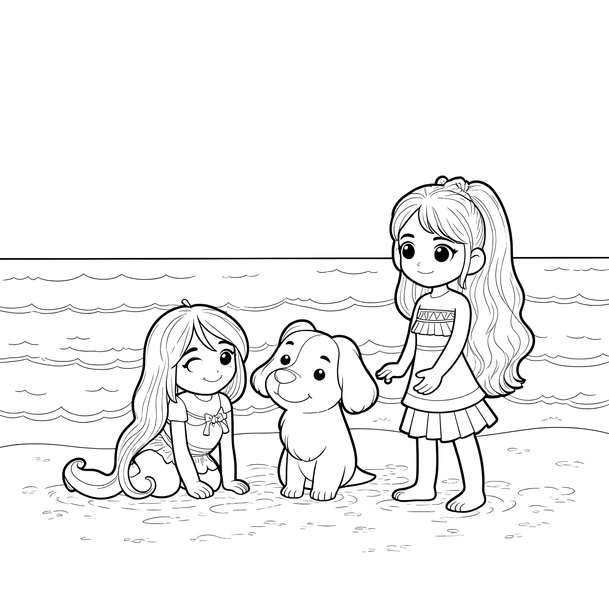Kuromi and her friends enjoy a day at the beach Coloring Page (free black-and-white line drawing printable PDF for all, from beginners to advanced learners, including children, teens, adults, and seniors)