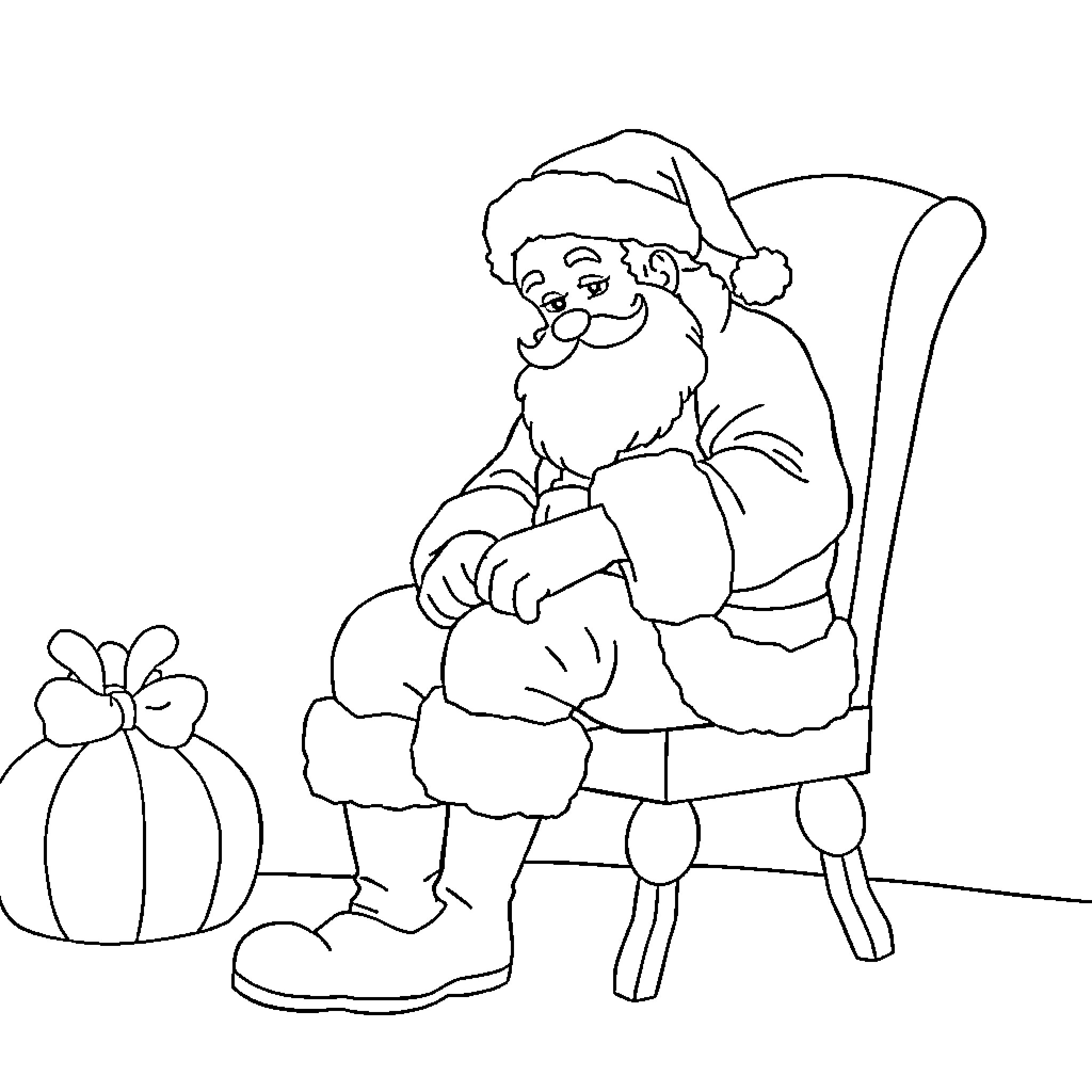 Santa Claus relaxing in a chair Coloring Page (free black-and-white line drawing printable PDF for all, from beginners to advanced learners, including children, teens, adults, and seniors)