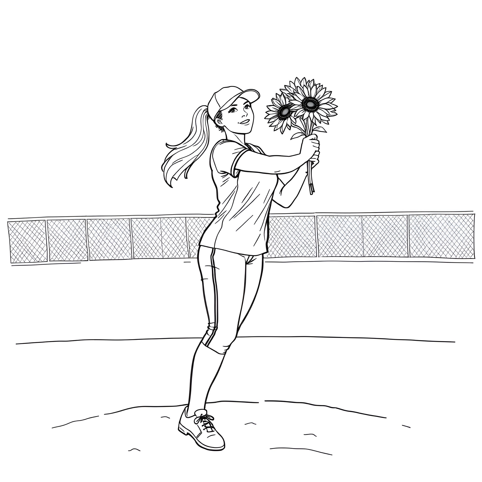 Softball player holding sunflowers on the field Coloring Page (free black-and-white line drawing printable PDF for all, from beginners to advanced learners, including children, teens, adults, and seniors)