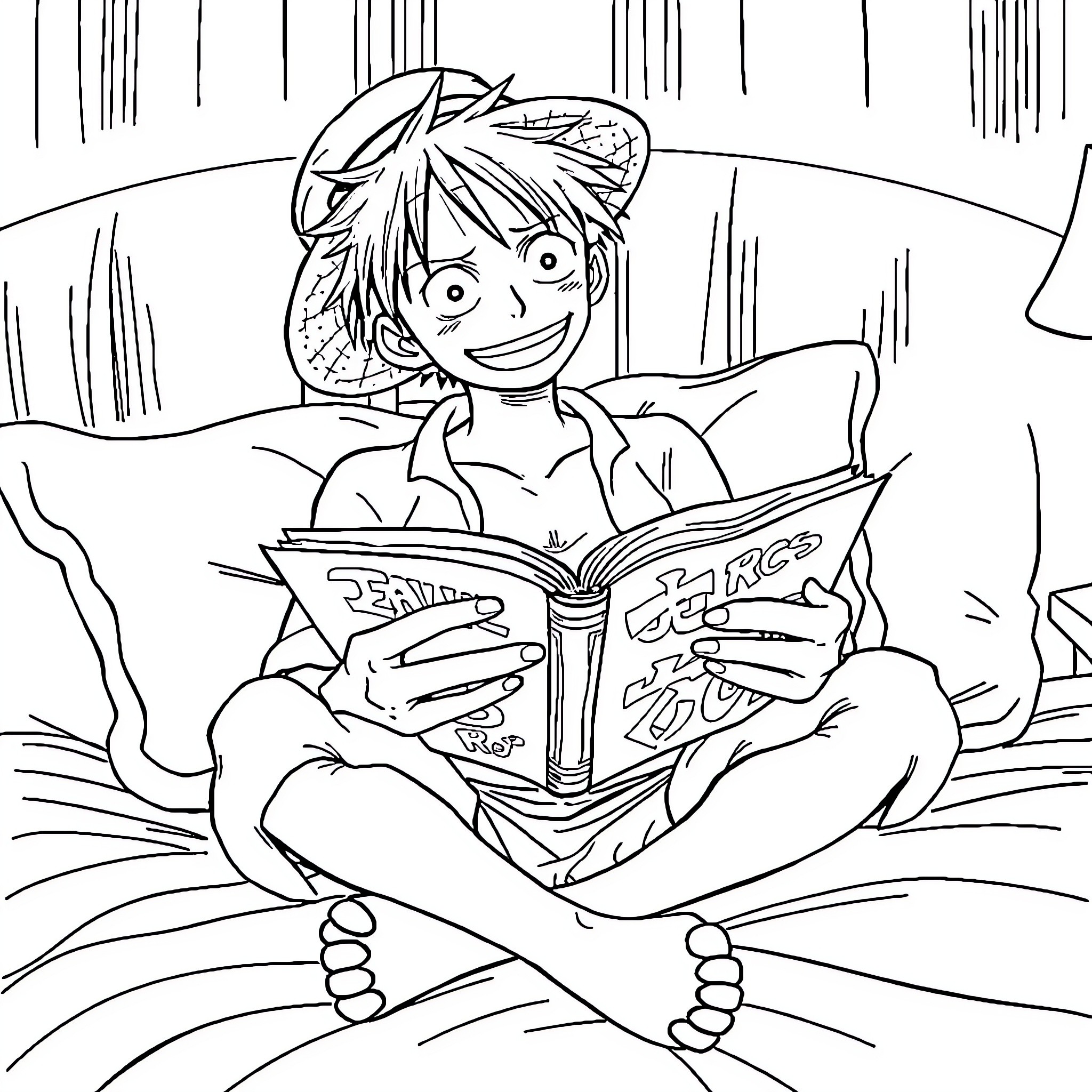 Luffy reading a book in the forest Coloring Page (free black-and-white line drawing printable PDF for all, from beginners to advanced learners, including children, teens, adults, and seniors)