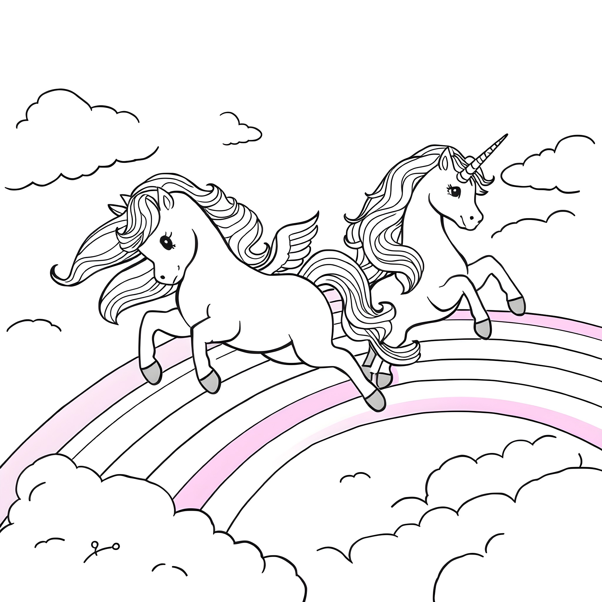 Unicorn frolicking on a rainbow in the clouds Coloring Page (free black-and-white line drawing printable PDF for all, from beginners to advanced learners, including children, teens, adults, and seniors)