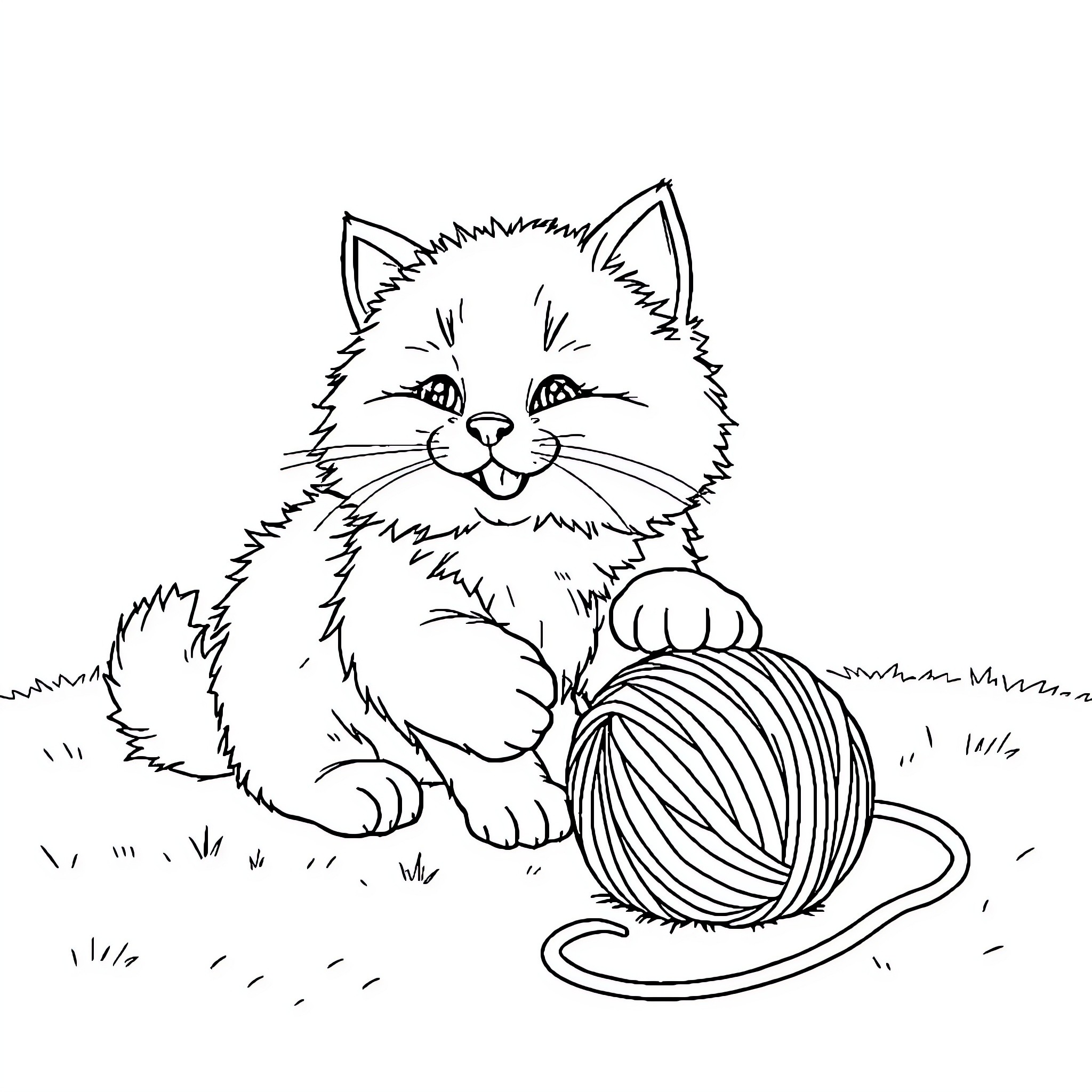 Cat playing with yarn on grass Coloring Page (free black-and-white line drawing printable PDF for all, from beginners to advanced learners, including children, teens, adults, and seniors)