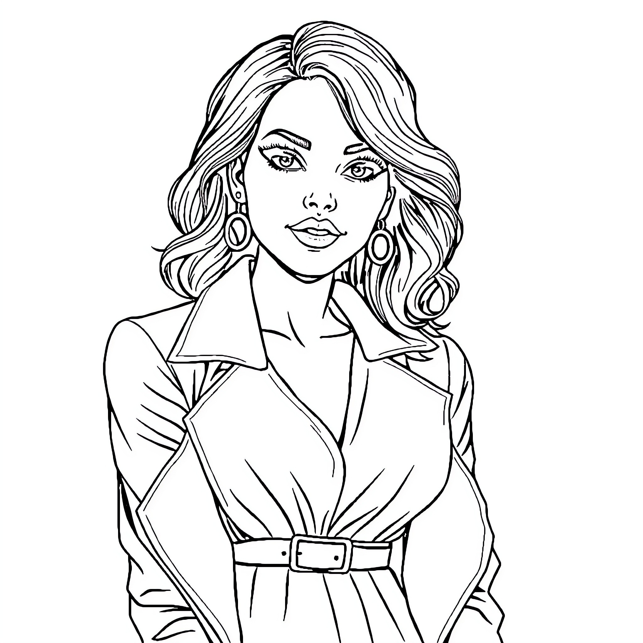 Woman in stylish business attire posing confidently Coloring Page (free black-and-white line drawing printable PDF for all, from beginners to advanced learners, including children, teens, adults, and seniors)