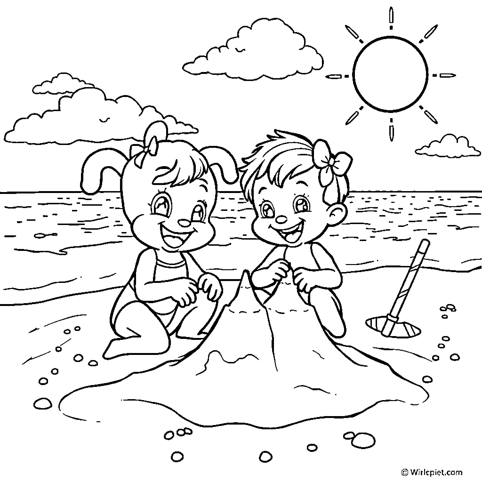 Bluey and friends enjoy a sunny day at the beach Coloring Page (free black-and-white line drawing printable PDF for all, from beginners to advanced learners, including children, teens, adults, and seniors)