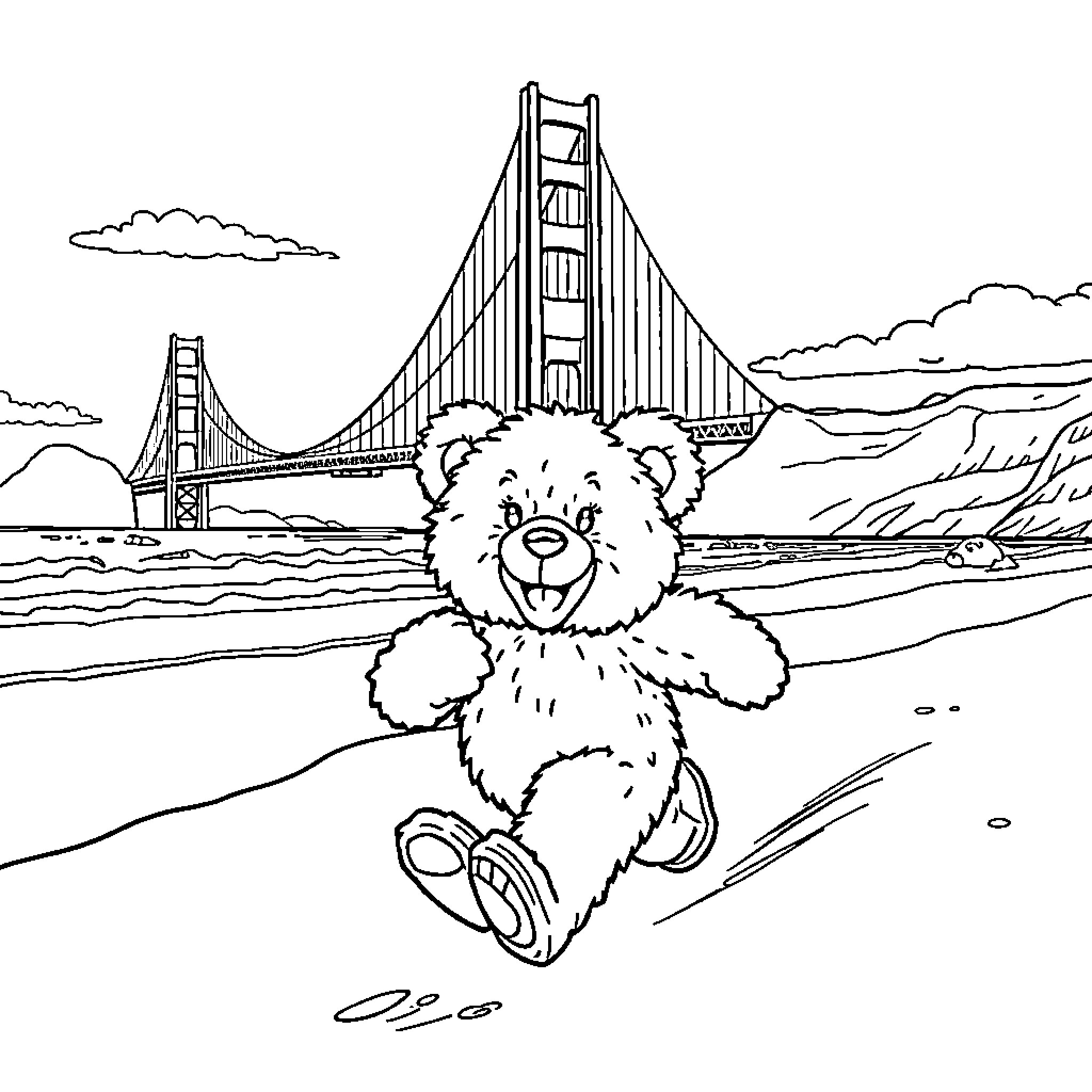 Teddy Bear exploring the Golden Gate Bridge Coloring Page (free black-and-white line drawing printable PDF for all, from beginners to advanced learners, including children, teens, adults, and seniors)