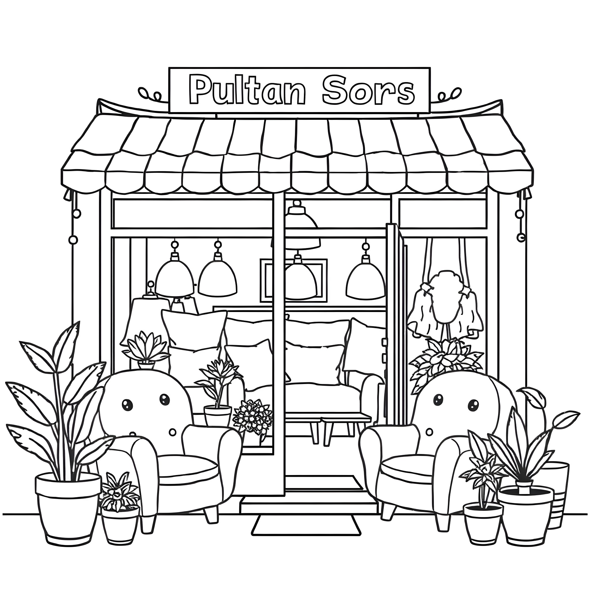 Furniture shop with cute characters Coloring Page (free black-and-white line drawing printable PDF for all, from beginners to advanced learners, including children, teens, adults, and seniors)