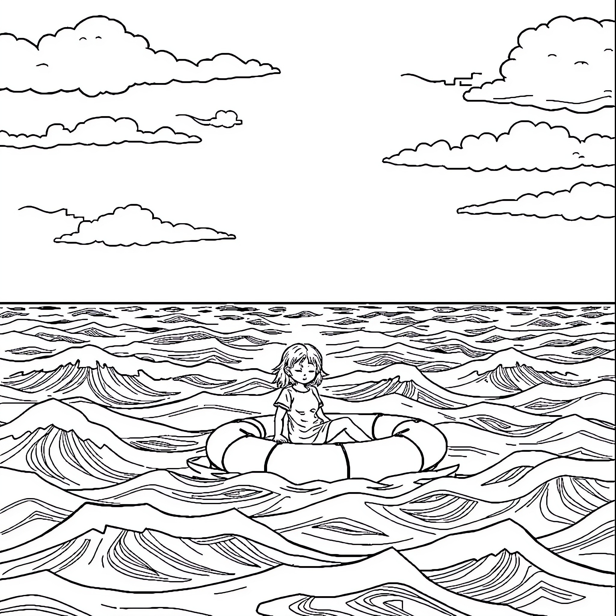 Girl floating on a life buoy in the ocean Coloring Page (free black-and-white line drawing printable PDF for all, from beginners to advanced learners, including children, teens, adults, and seniors)