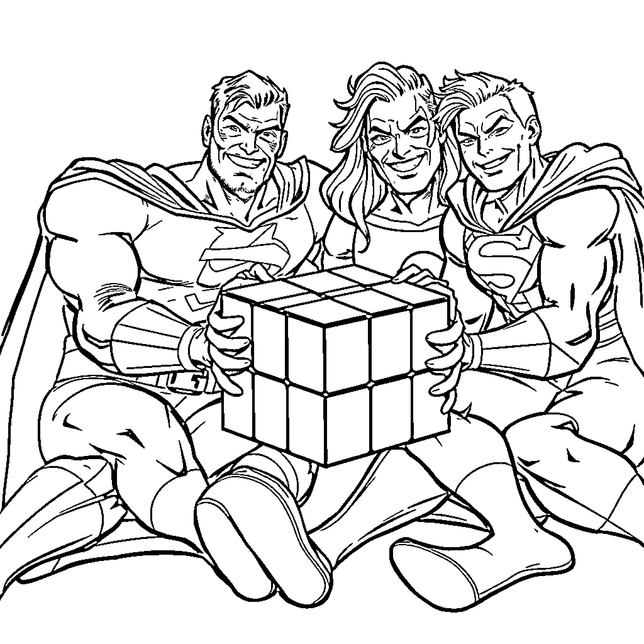 Fantastic 4 Superheroes Solving a Puzzle Coloring Page (free black-and-white line drawing printable PDF for all, from beginners to advanced learners, including children, teens, adults, and seniors)