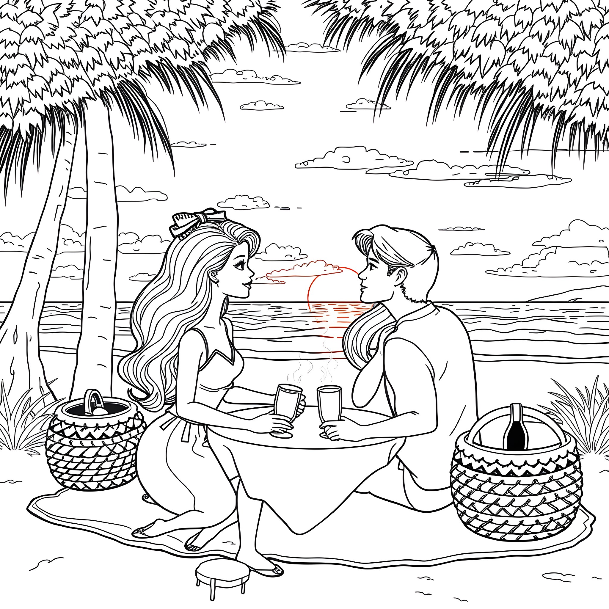 Barbie and Ken's romantic beach picnic Coloring Page (free black-and-white line drawing printable PDF for all, from beginners to advanced learners, including children, teens, adults, and seniors)
