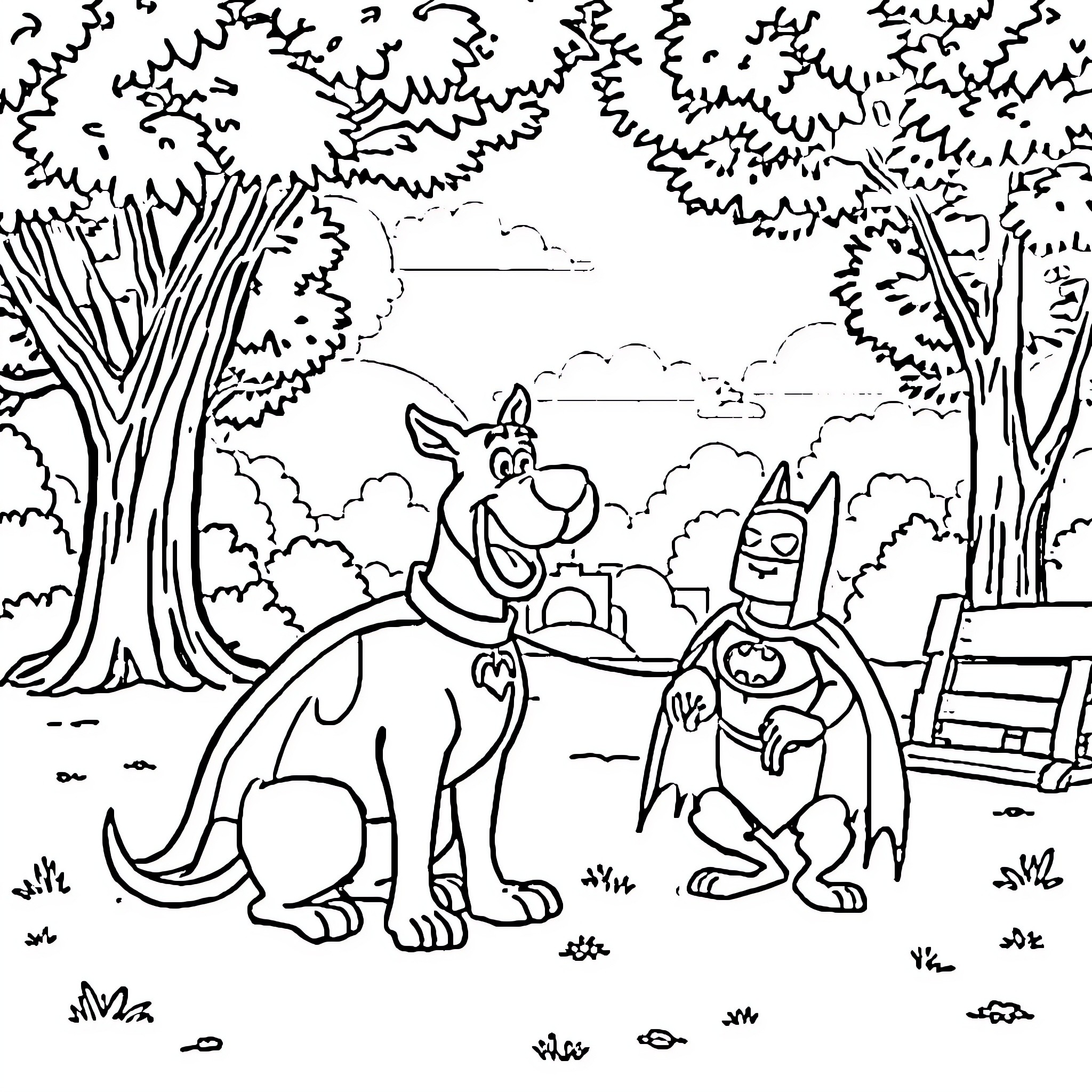 Scooby Doo and Friends Enjoy Outdoor Adventure Coloring Page (free black-and-white line drawing printable PDF for all, from beginners to advanced learners, including children, teens, adults, and seniors)