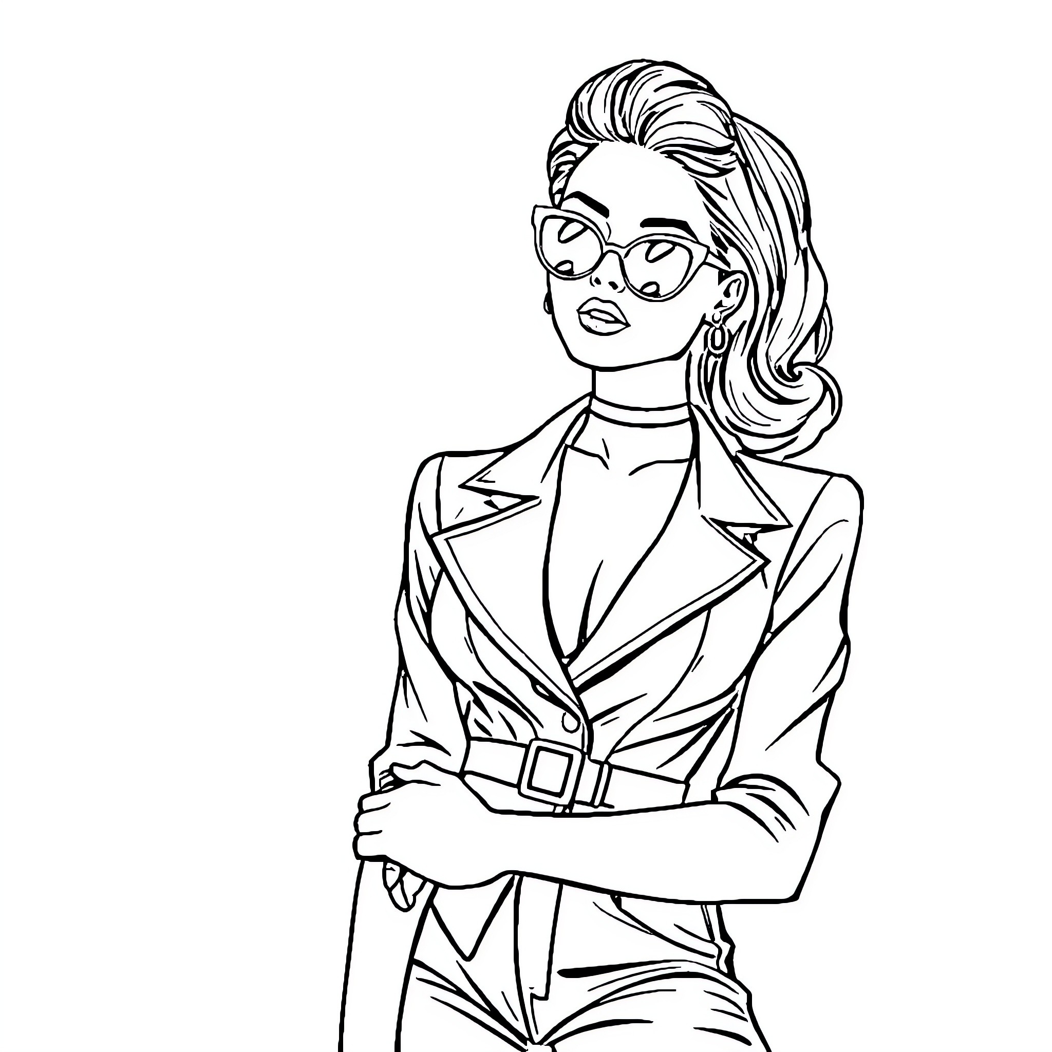 Woman in confident business attire with serious expression Coloring Page (free black-and-white line drawing printable PDF for all, from beginners to advanced learners, including children, teens, adults, and seniors)