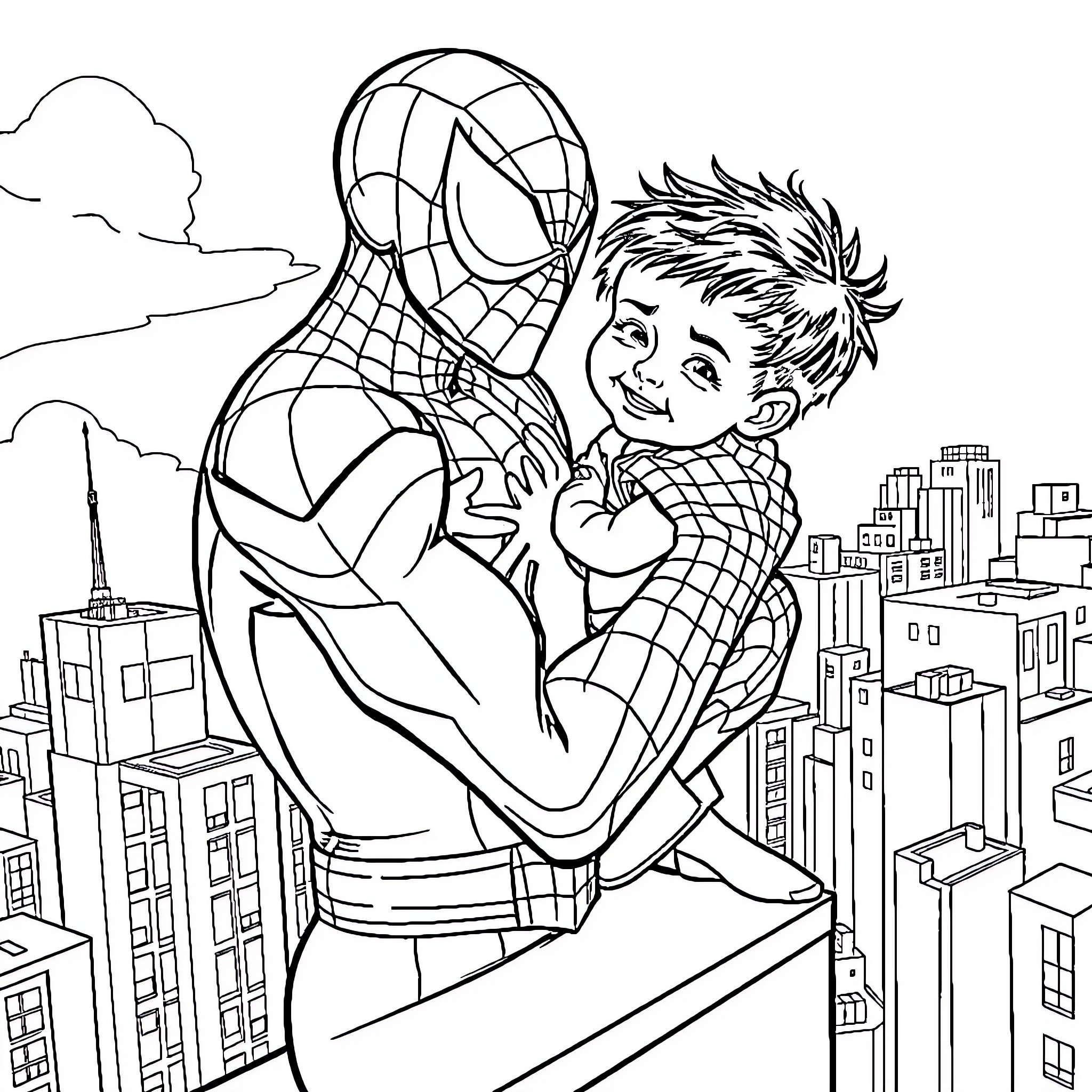 Spider-Man Saving a Young Boy in the City Coloring Page (free black-and-white line drawing printable PDF for all, from beginners to advanced learners, including children, teens, adults, and seniors)