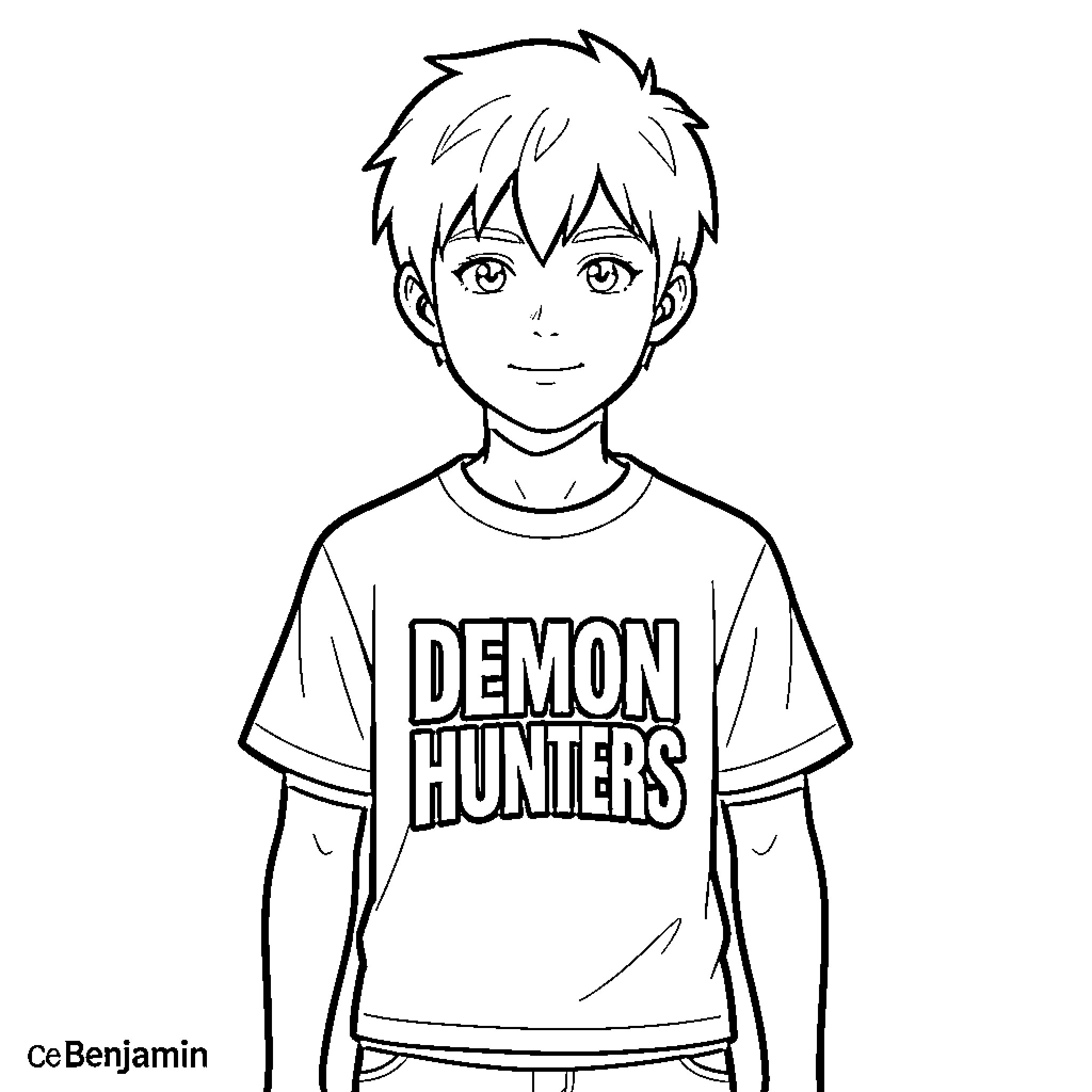 Boy wearing Demon Hunters t-shirt Coloring Page (free black-and-white line drawing printable PDF for all, from beginners to advanced learners, including children, teens, adults, and seniors)