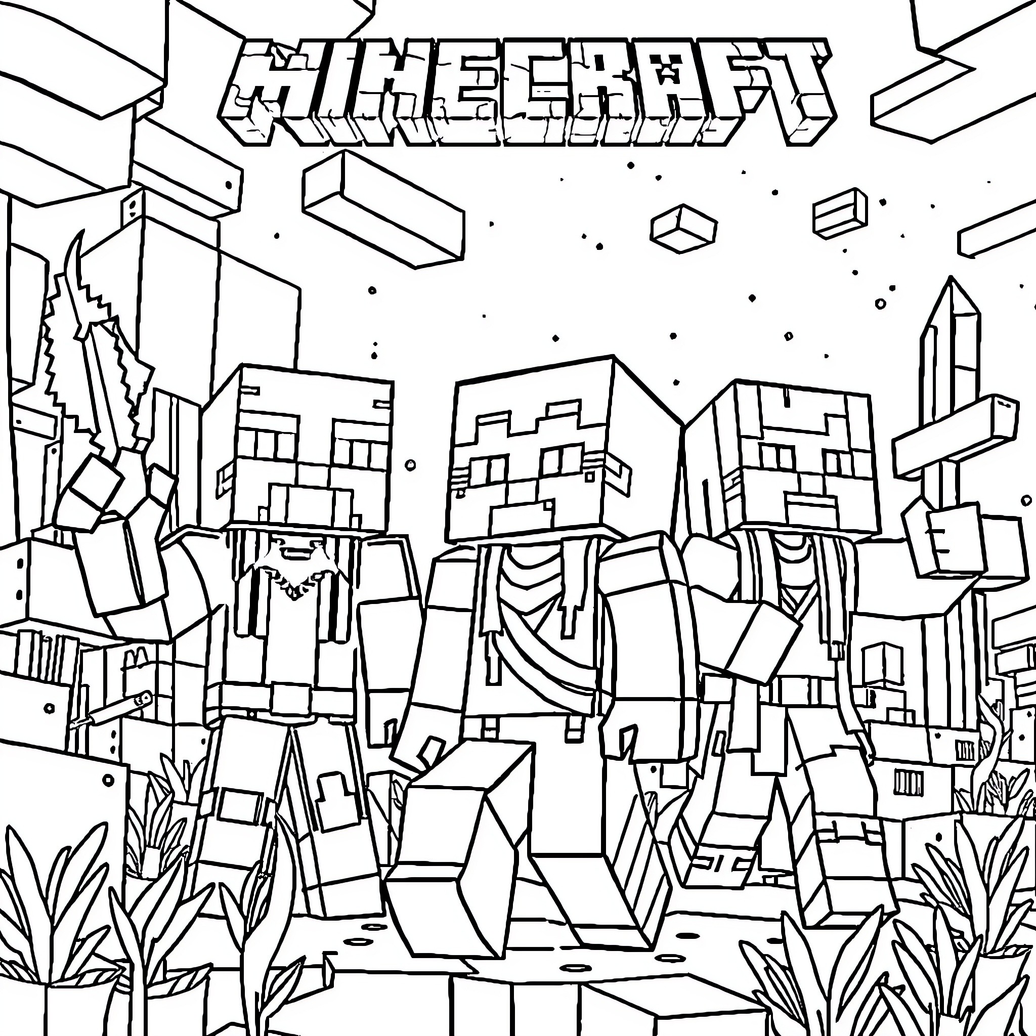 Minecraft Character Group Exploring Blocky Landscape Coloring Page (free black-and-white line drawing printable PDF for all, from beginners to advanced learners, including children, teens, adults, and seniors)